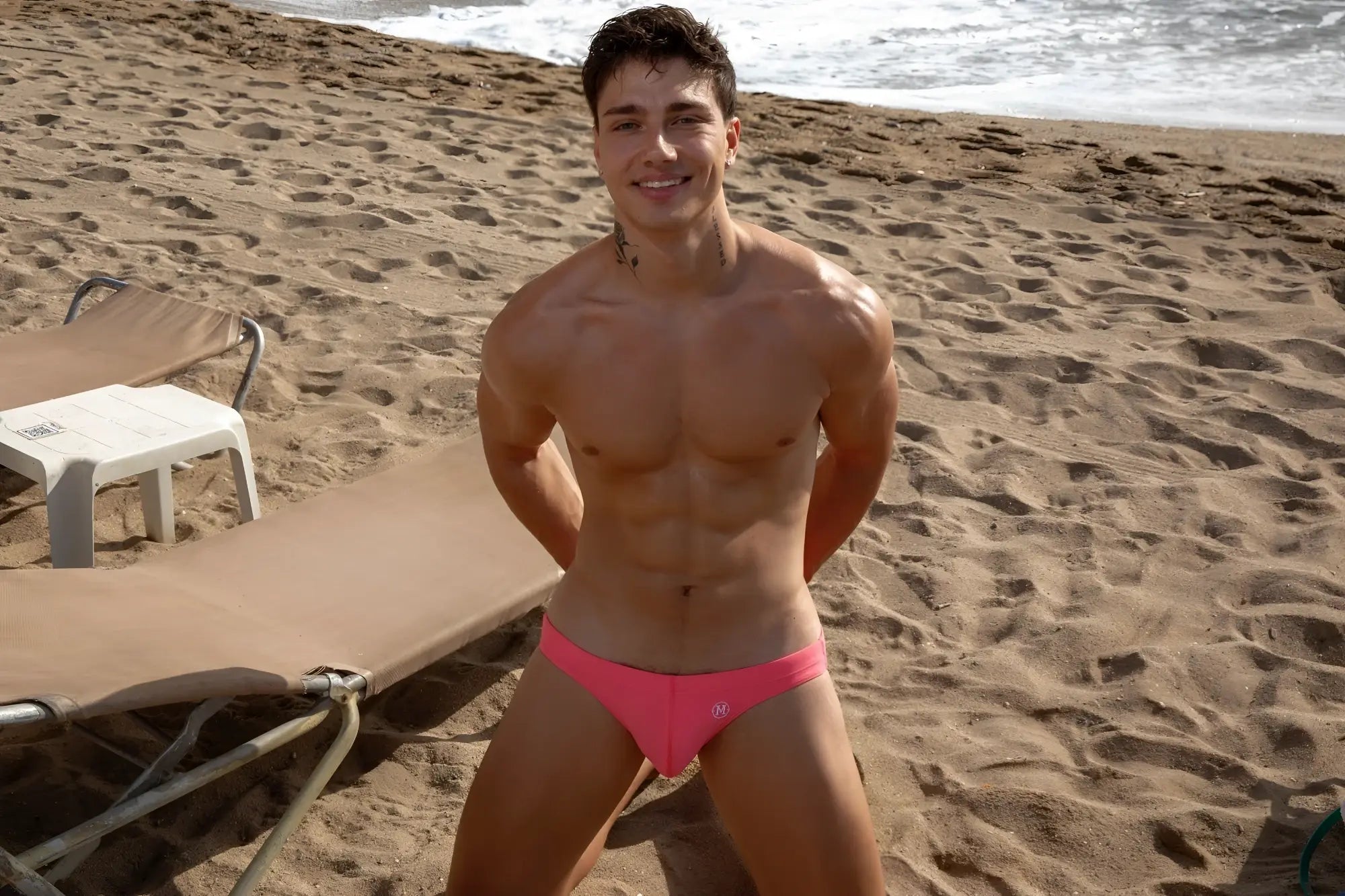Bright pink marcuse syd23 bikini swimwear swim trunks with a small logo on the front for swimming and beachwear