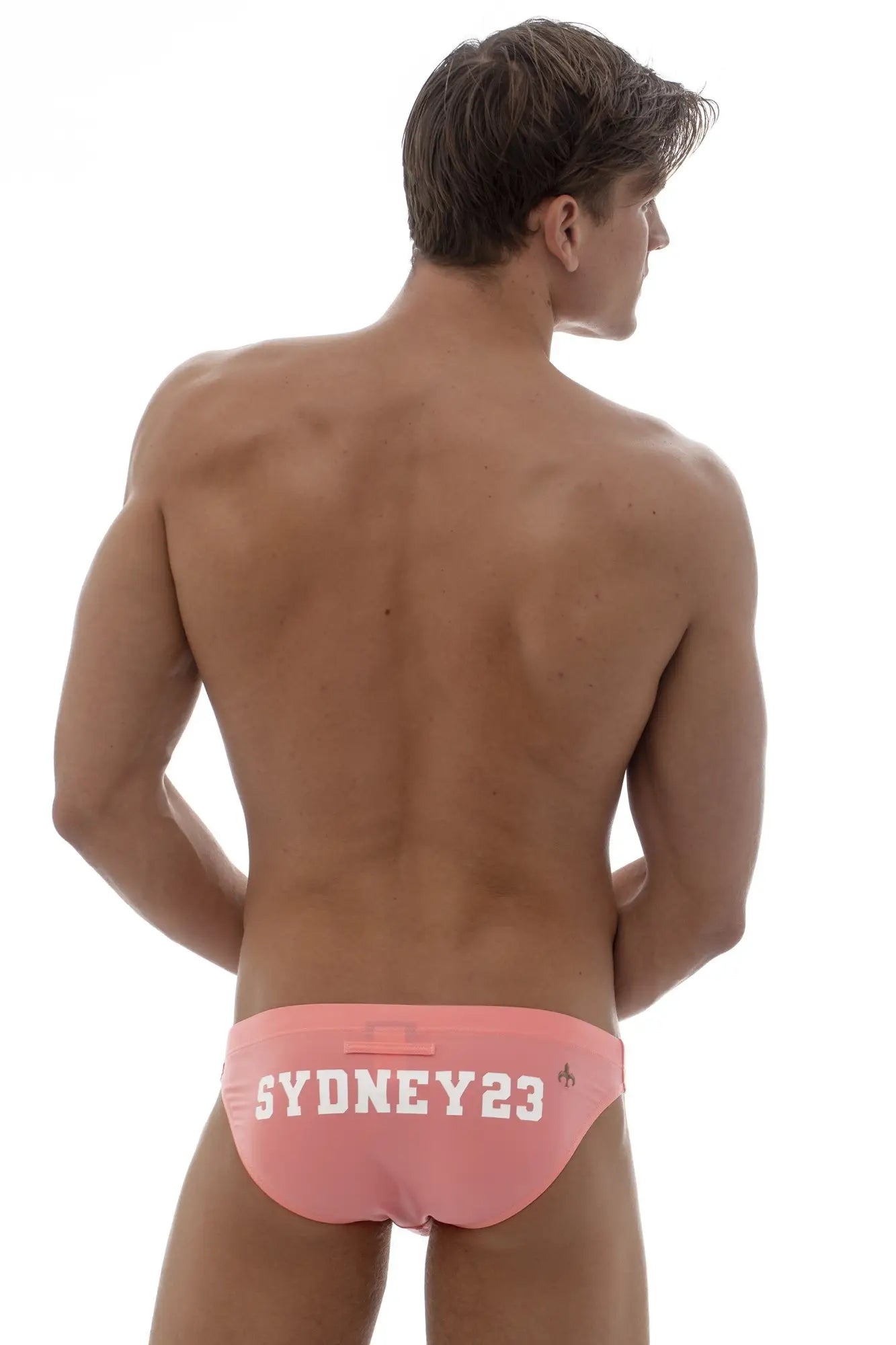 Pink marcuse syd23 bikini swimwear swim trunks with sydney23 printed in white on the back side
