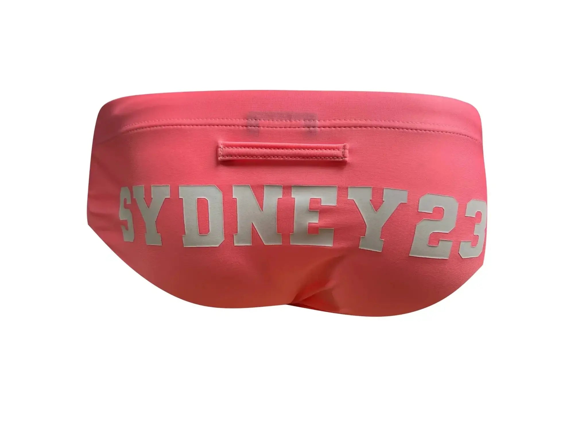 Pink marcuse syd23 bikini swimwear with silver sydney 23 lettering across the front of swim trunks