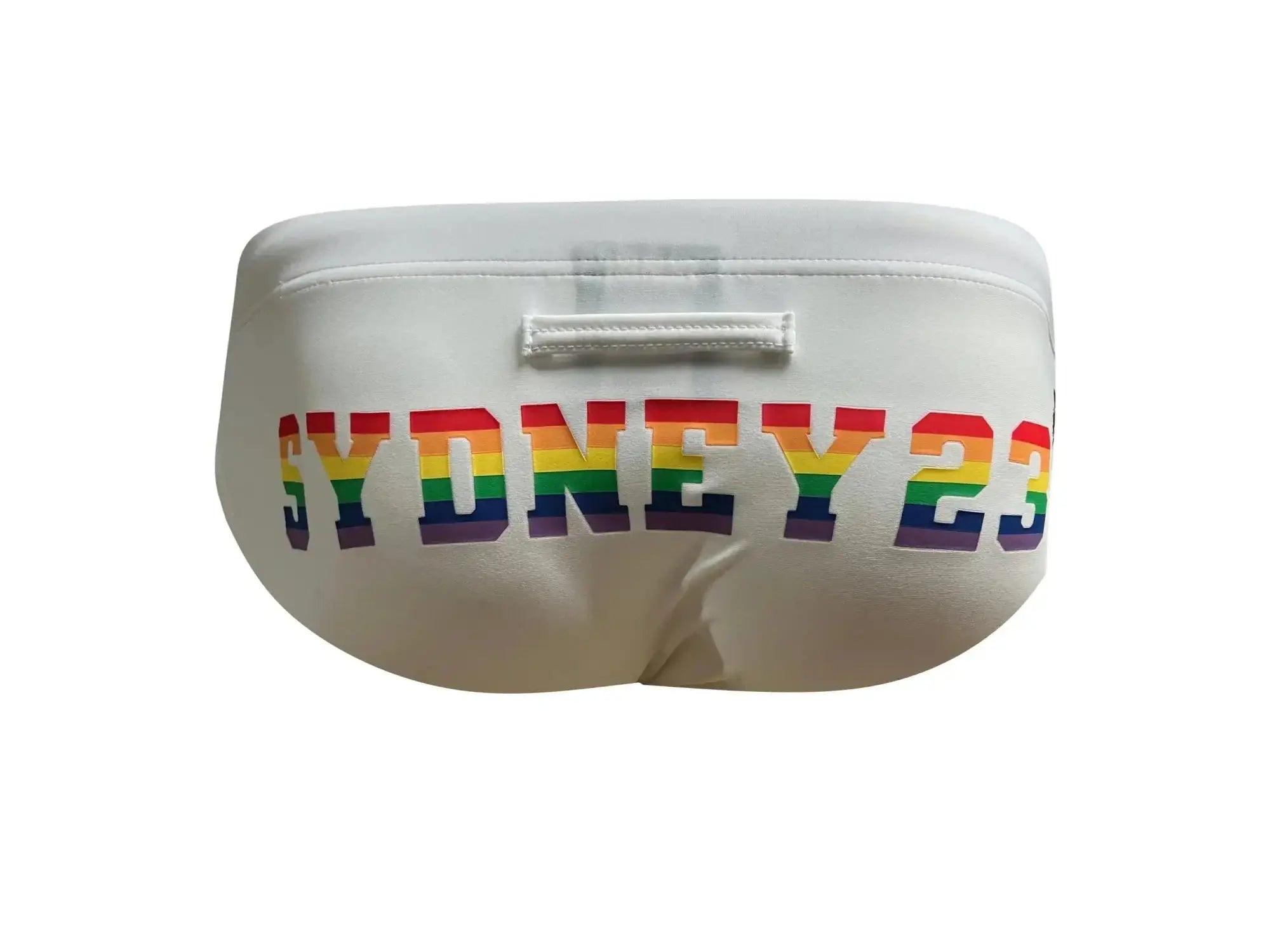 White marcuse syd23 bikini swimwear featuring swim trunks with sydney 23 in rainbow lettering across the front