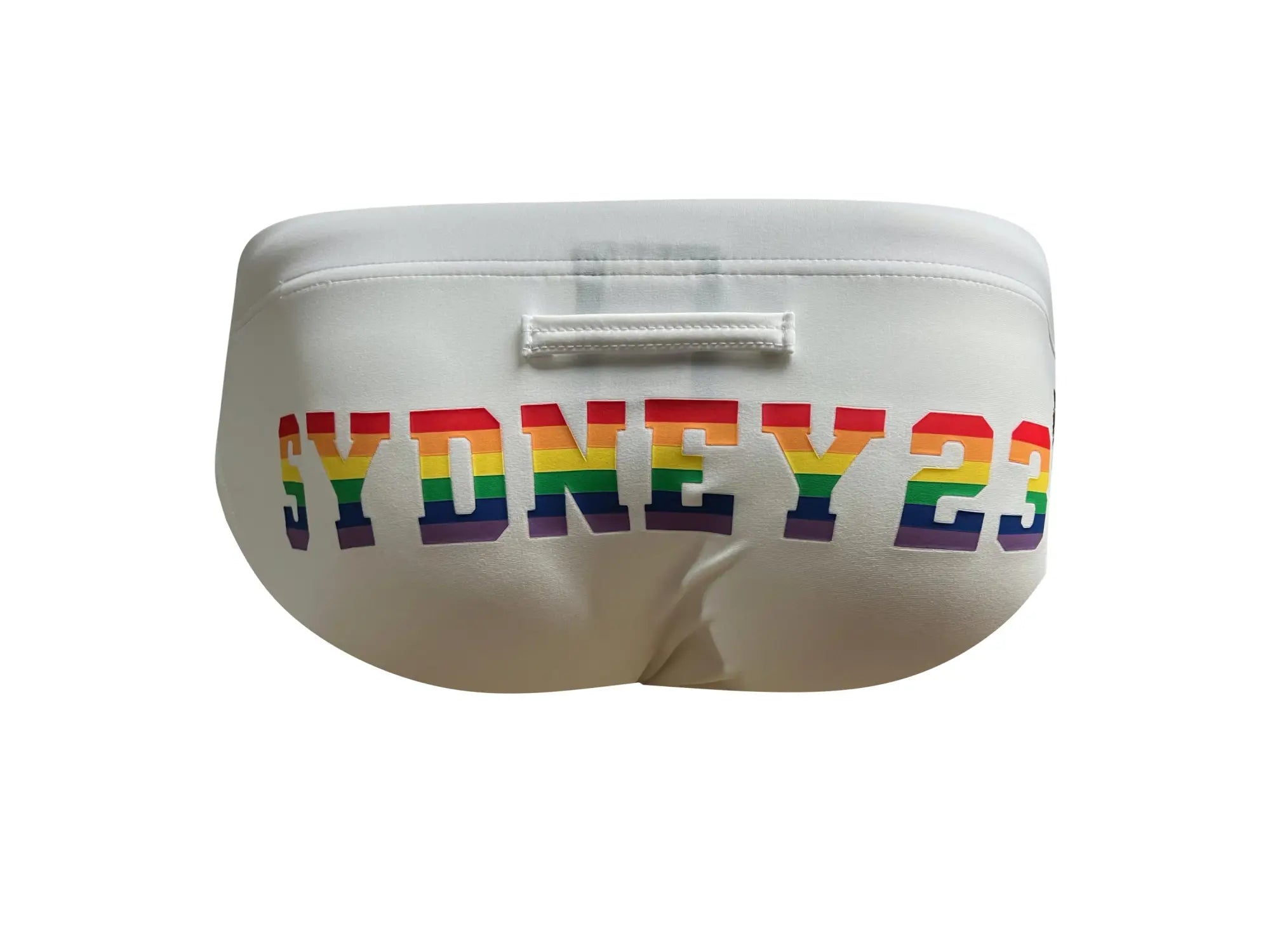 White marcuse syd23 bikini swimwear featuring swim trunks with sydney 23 in rainbow lettering across the front