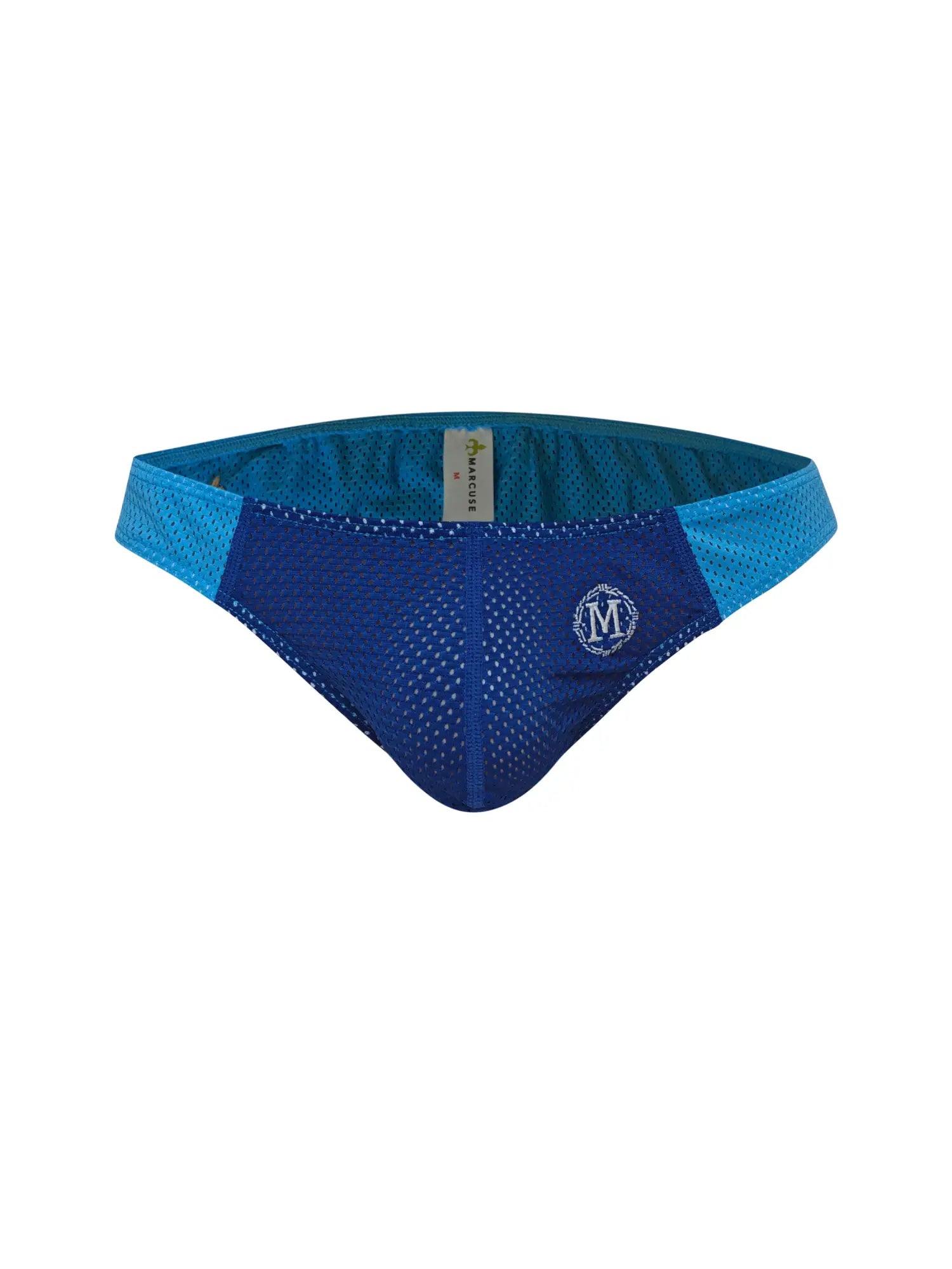 Marcuse Tahiti brief underwear in blue mesh with darker panel light trim and embroidered m logo on front