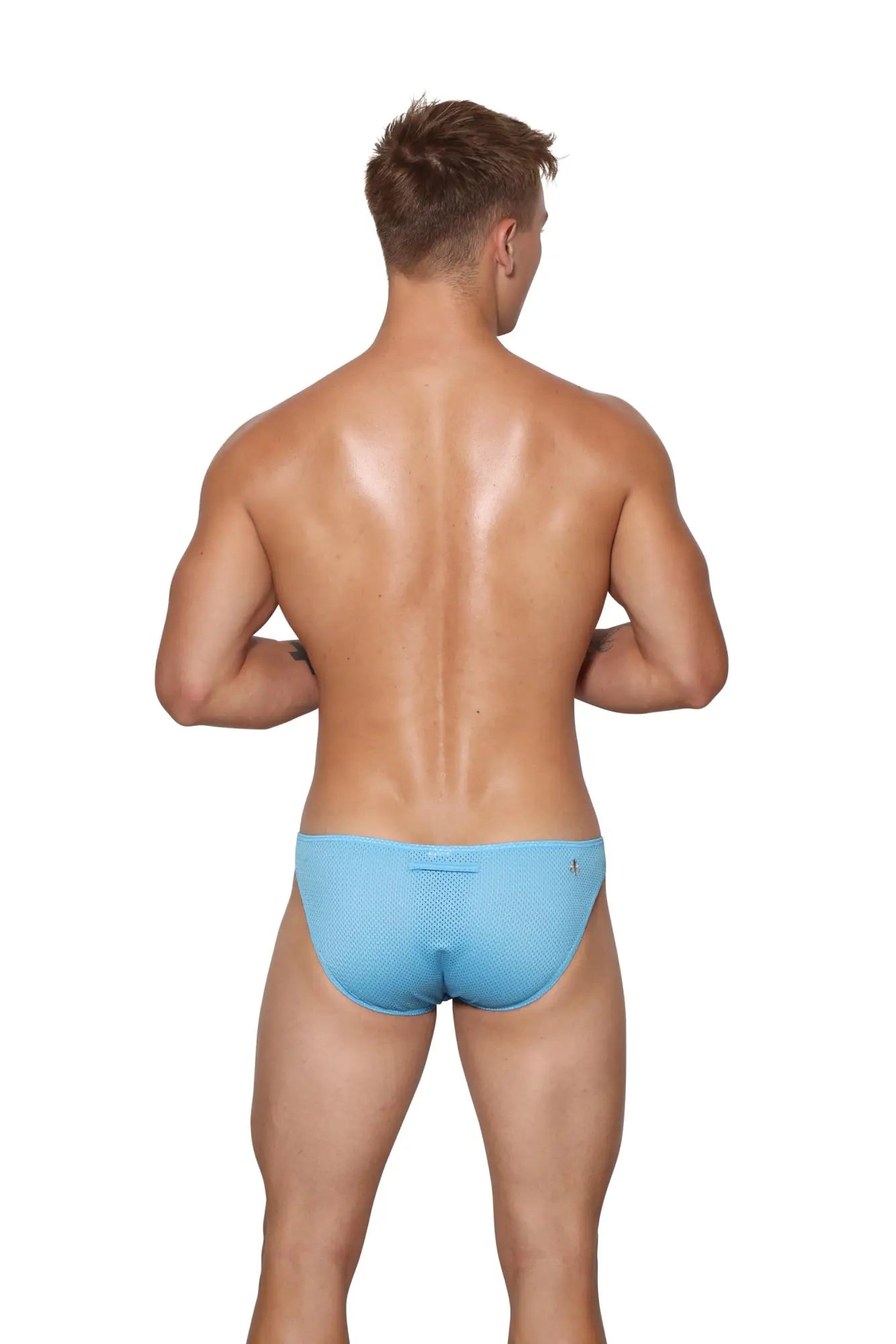 Marcuse tahiti brief underwear in light blue mesh with a subtle textured pattern and brand logo on the left hip