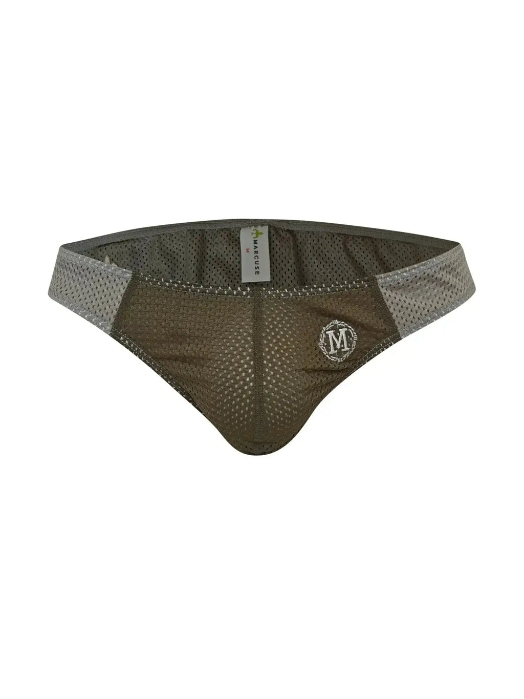 Marcuse Tahiti brief underwear in olive green mesh with silver embroidered logo and gray trim
