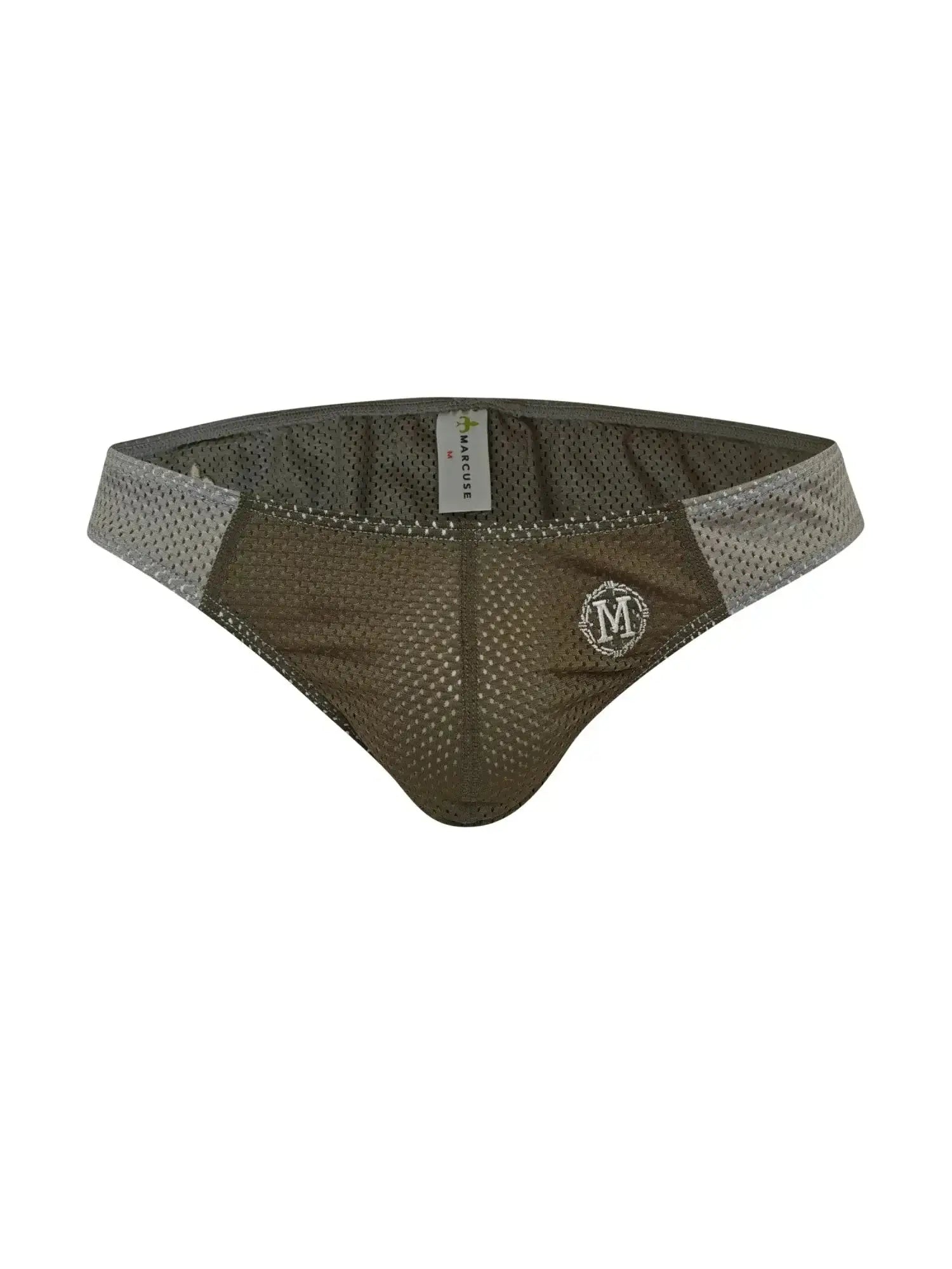 Marcuse Tahiti brief underwear in olive green mesh with silver embroidered logo and gray trim