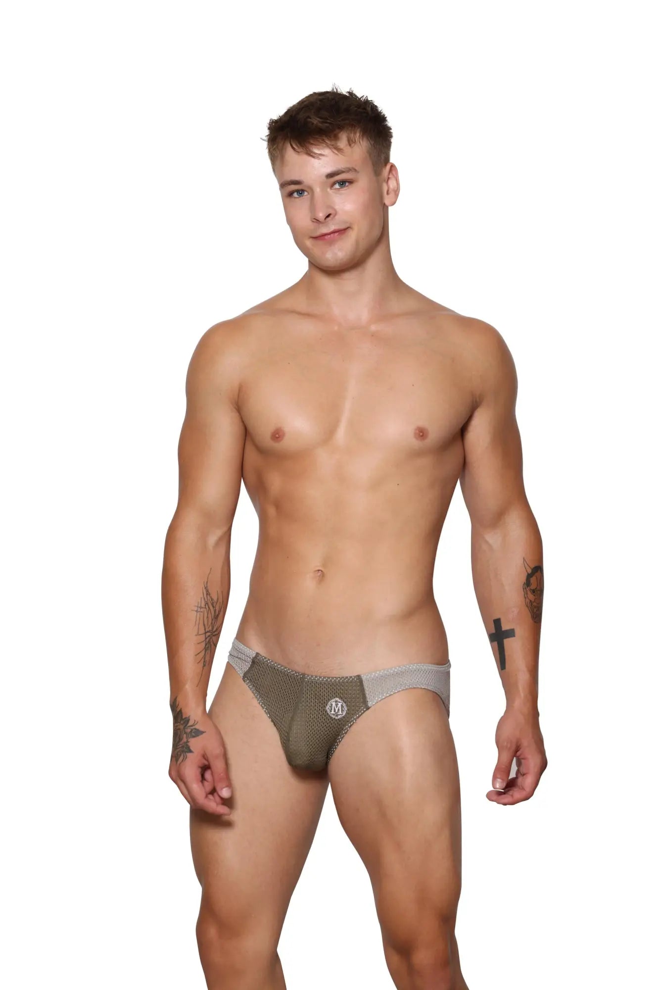 Marcuse Tahiti brief underwear in olive green mesh with gray trim and a small logo on the front