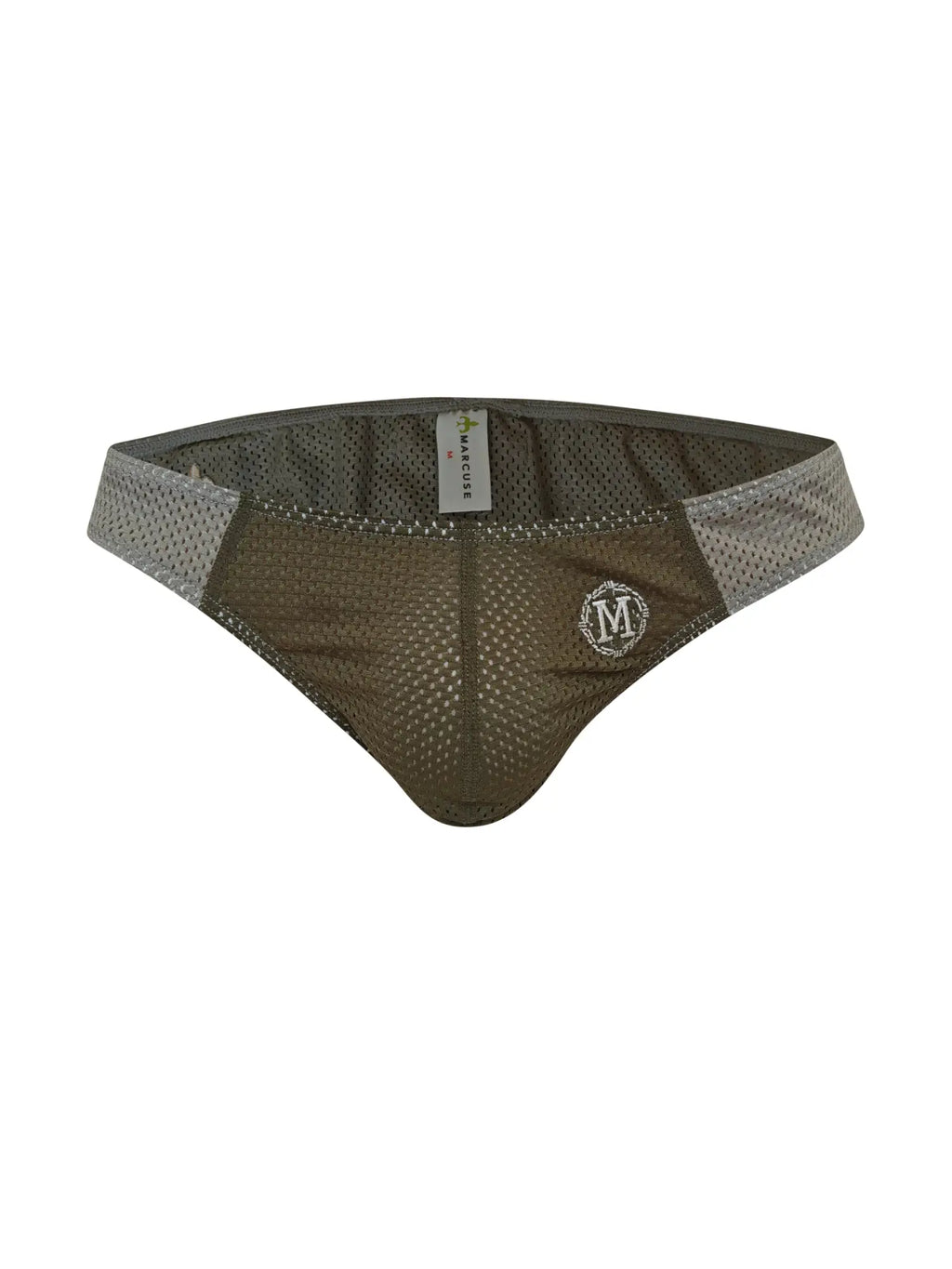 Marcuse Tahiti brief underwear in olive green mesh with silver embroidered logo and gray trim