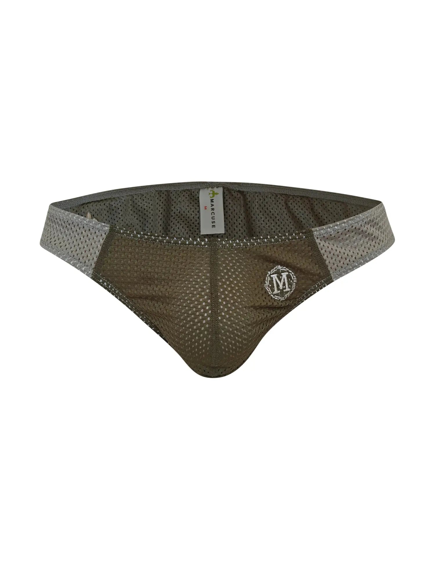 Marcuse Tahiti brief underwear in olive green mesh with silver embroidered logo and gray trim