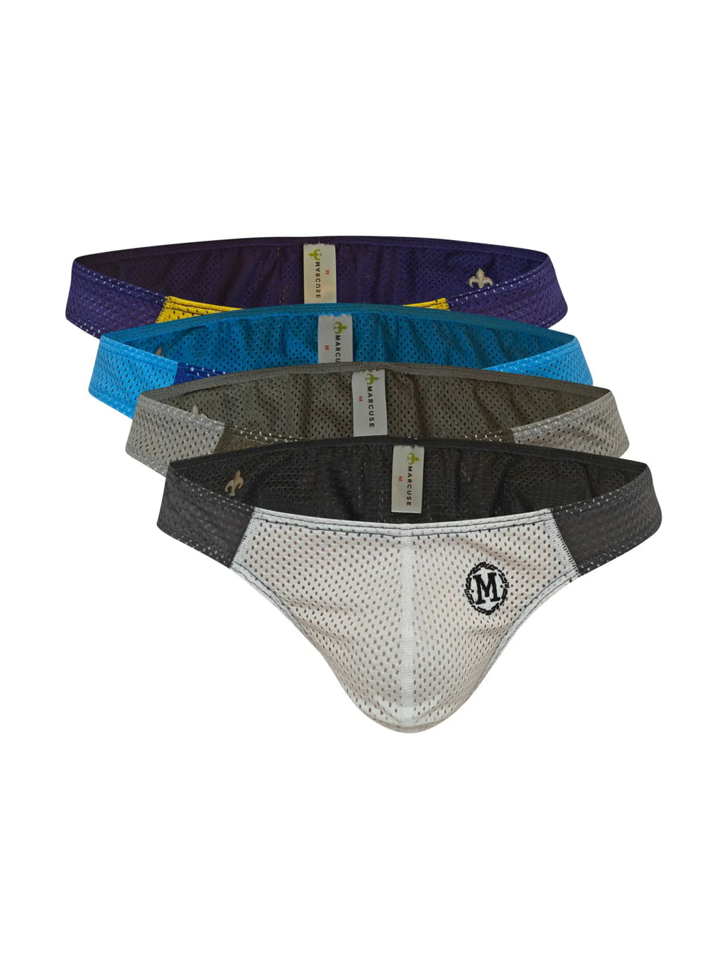 Set of four Marcuse Tahiti brief underwear in purple blue gray and white mesh with black embroidered logo on front