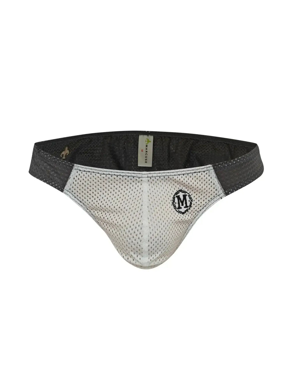 White mesh marcuse tahiti brief underwear with black elastic waistband and central embroidered m logo
