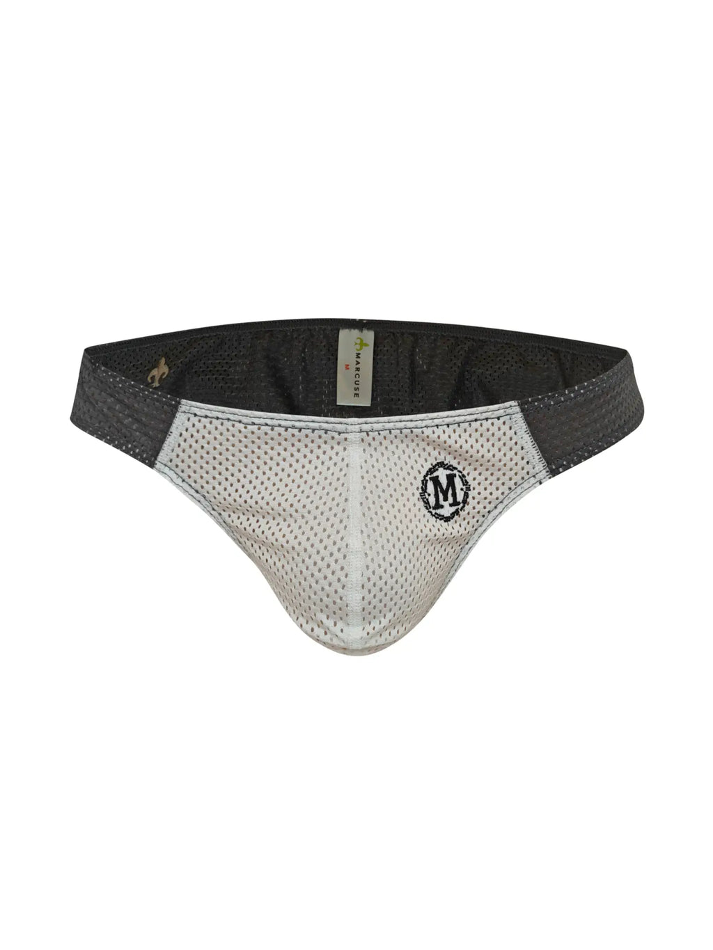 White mesh marcuse tahiti brief underwear with black elastic waistband and central embroidered m logo