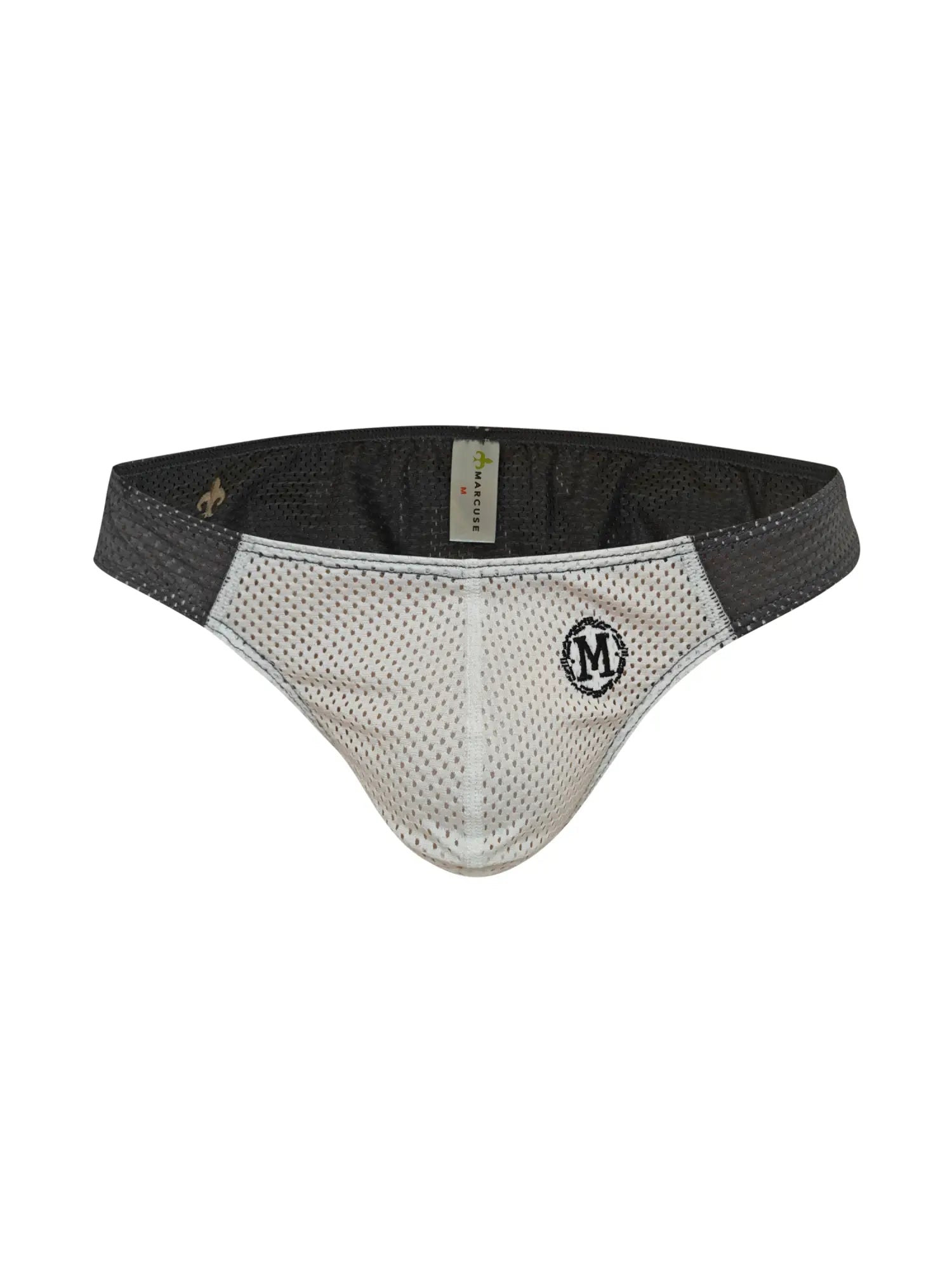 White mesh marcuse tahiti brief underwear with black elastic waistband and central embroidered m logo