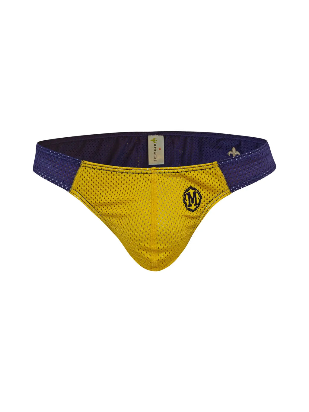 Marcuse Tahiti brief underwear yellow and purple mesh athletic briefs with black embroidered logo on front
