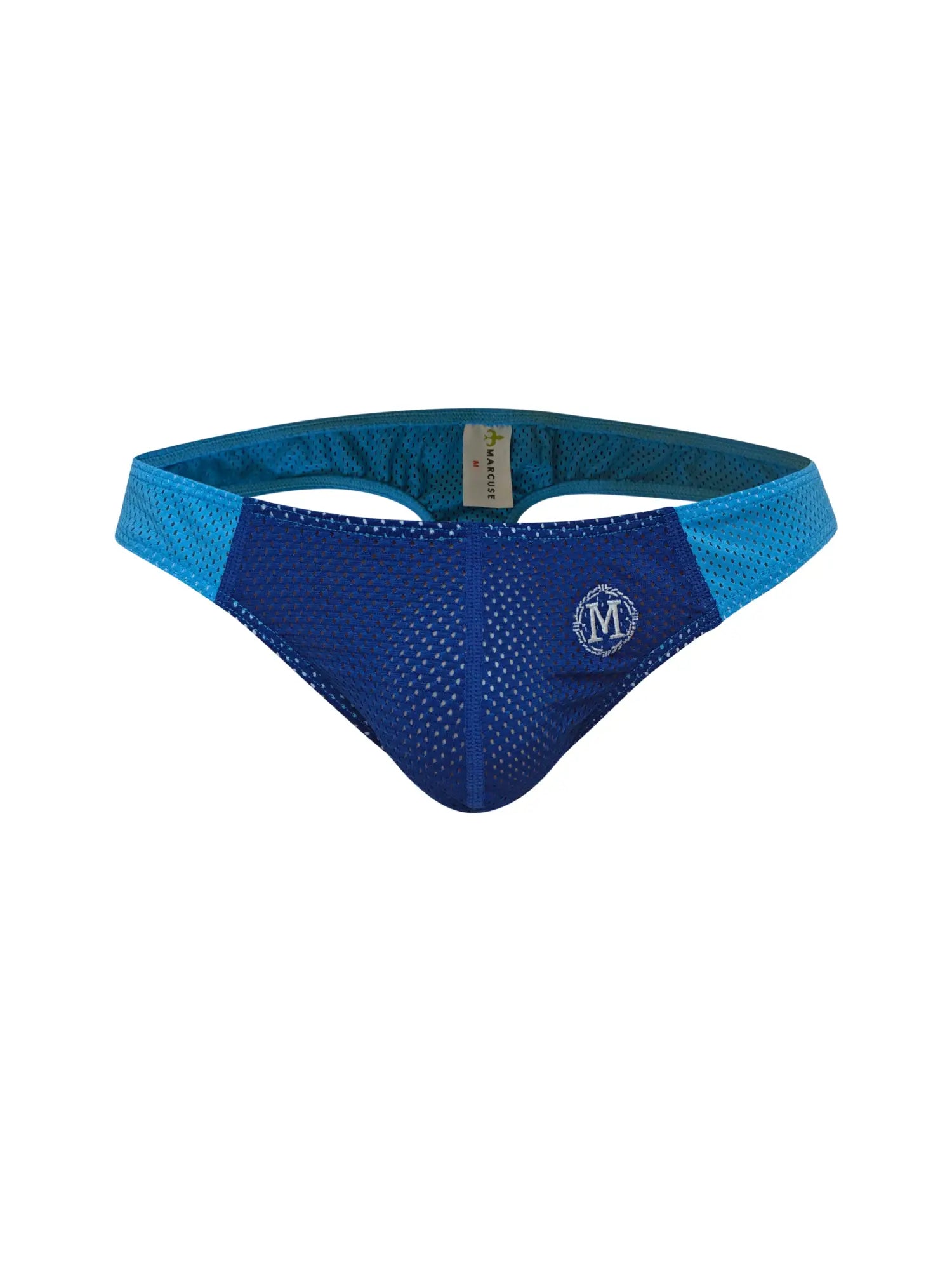 Marcuse Tahiti thong underwear in blue mesh with a teal waistband and an embroidered m logo on the front