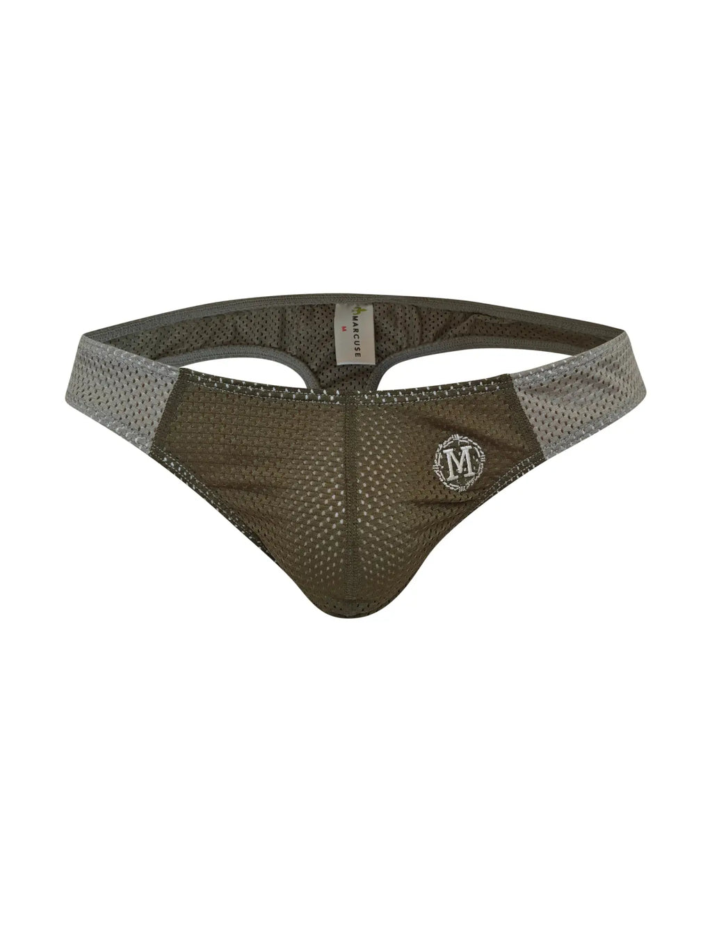 Marcuse Tahiti thong underwear in olive green mesh with gray trim and a circular m logo on the front