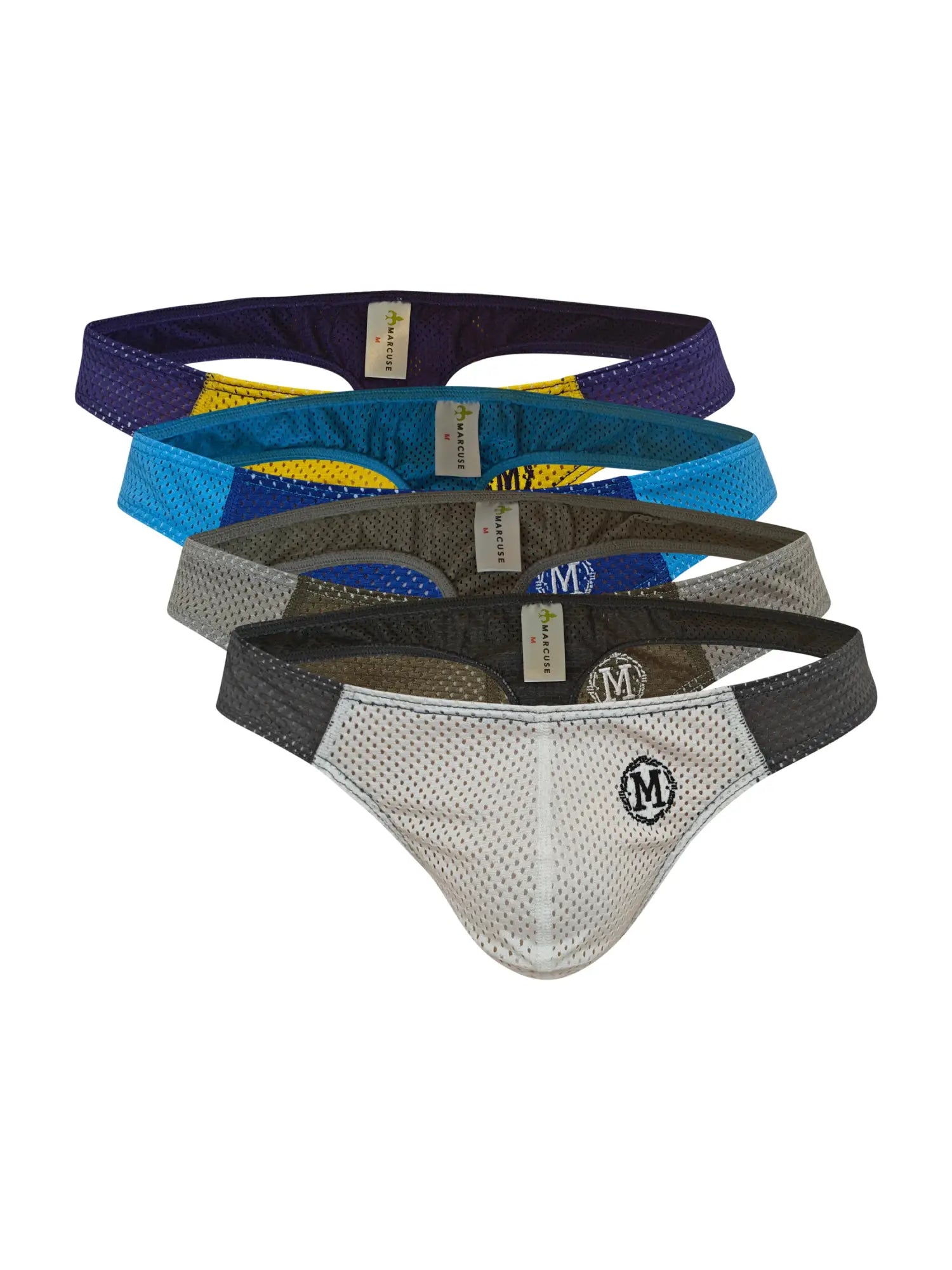 Set of four marcuse tahiti thong underwear mesh briefs in purple blue gray and white with black logo on front