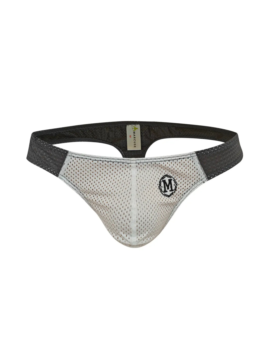 Marcuse Tahiti thong underwear white mesh with black elastic waistband and circular logo on the front