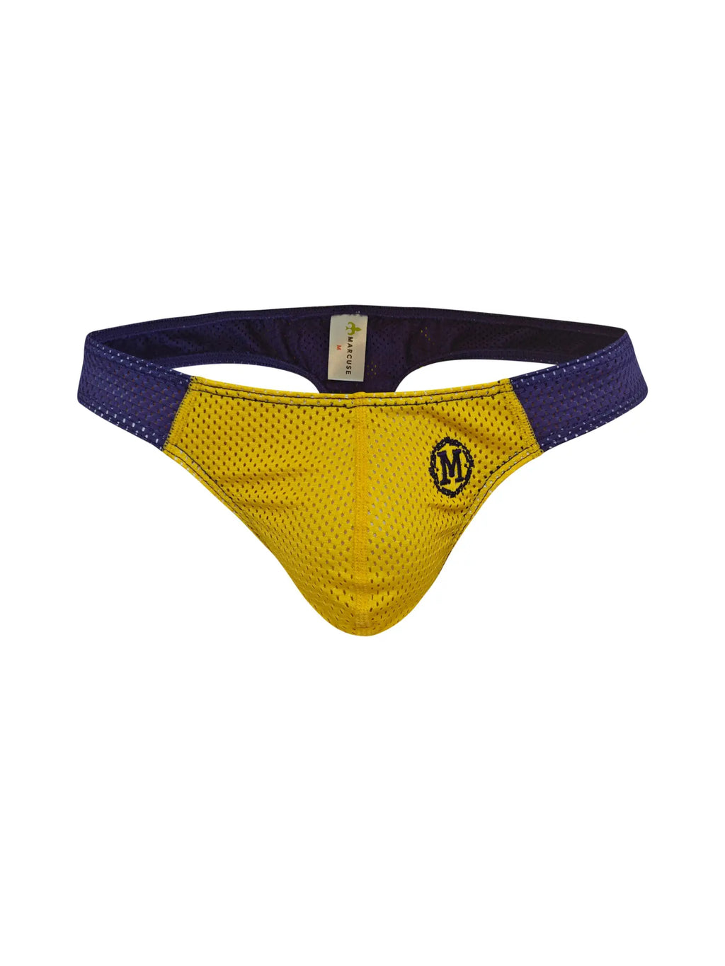 Marcuse Tahiti thong underwear in yellow and purple mesh with a black embroidered logo on the front