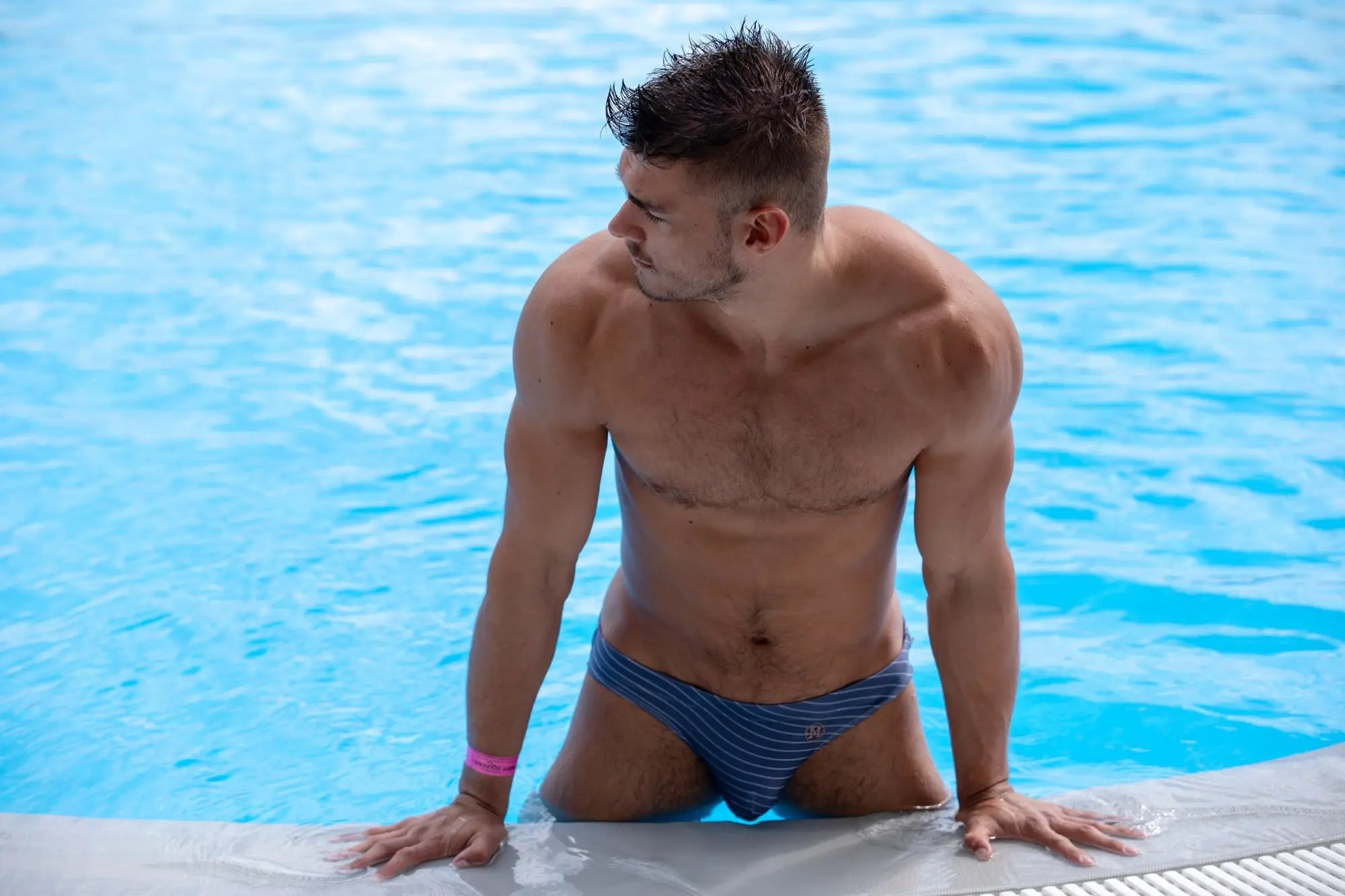 Marcuse Tasman bikini swimwear blue and white striped swim trunks for durable and stylish beachwear