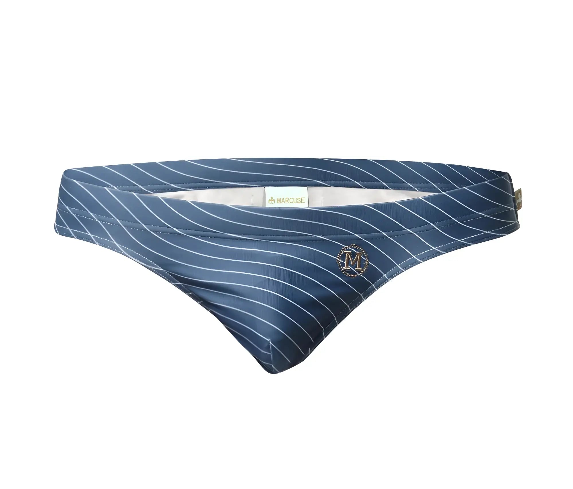 Navy blue Marcuse Tasman bikini swimwear with white diagonal pinstripes and gold logo on front side swim trunks