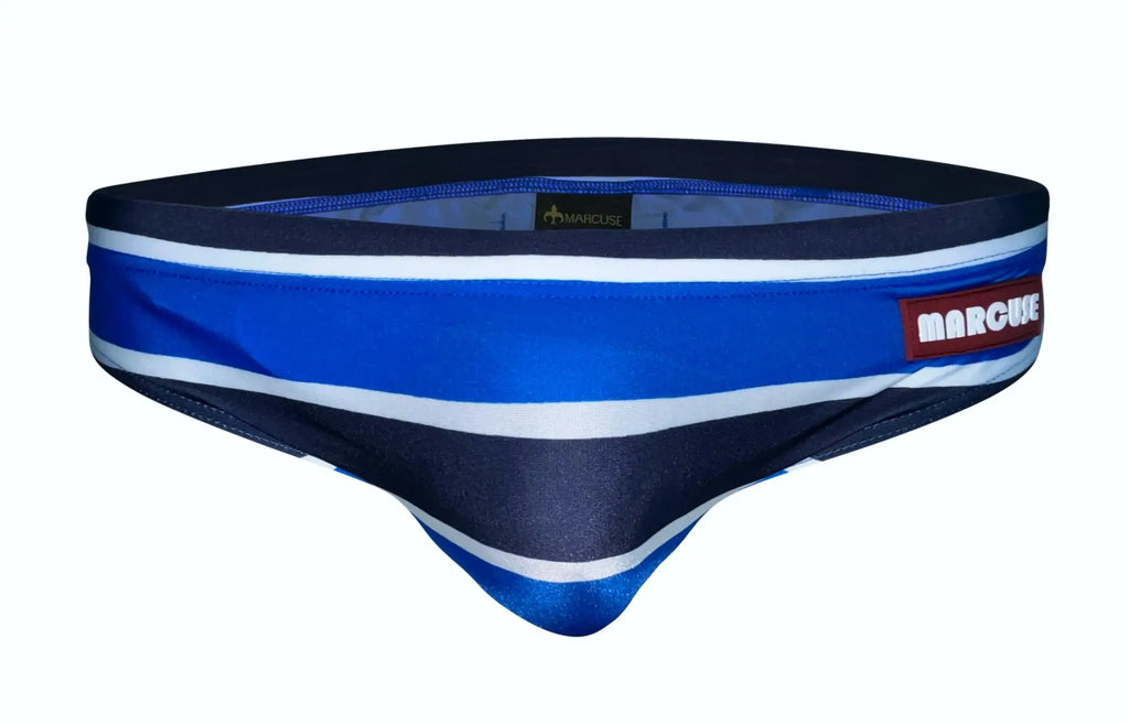 Marcuse traverse bikini swimwear blue and navy striped men’s swim trunks with white accents and marcuse label on waistband