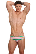 Marcuse Traverse bikini swimwear in pink and green striped men’s briefs with an orange waistband label