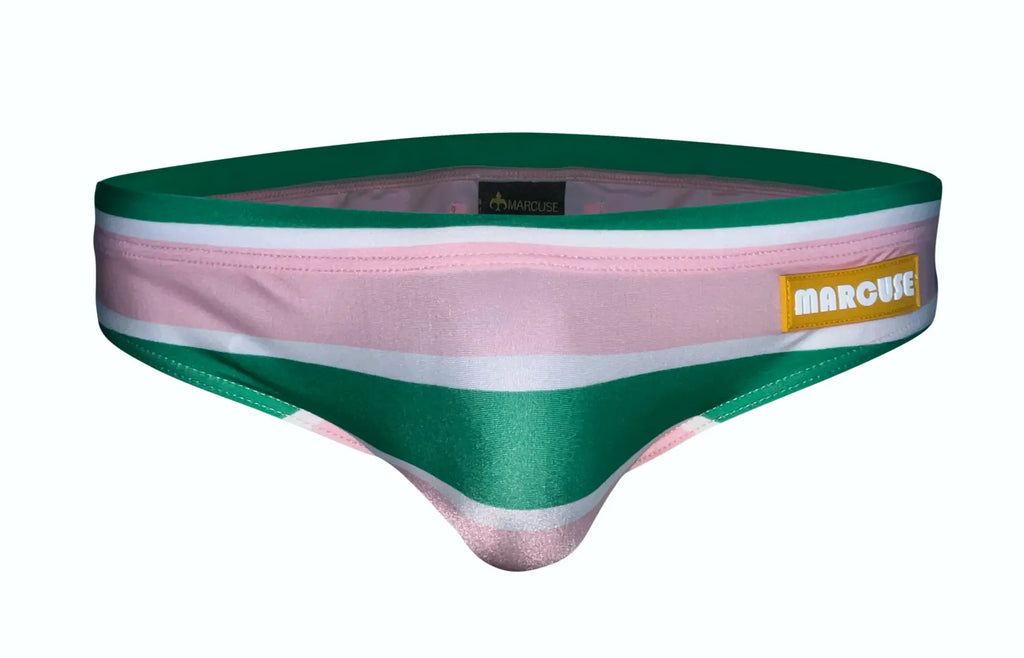Marcuse traverse bikini swimwear pink and green striped men’s swim trunks with white stripe and marcuse label