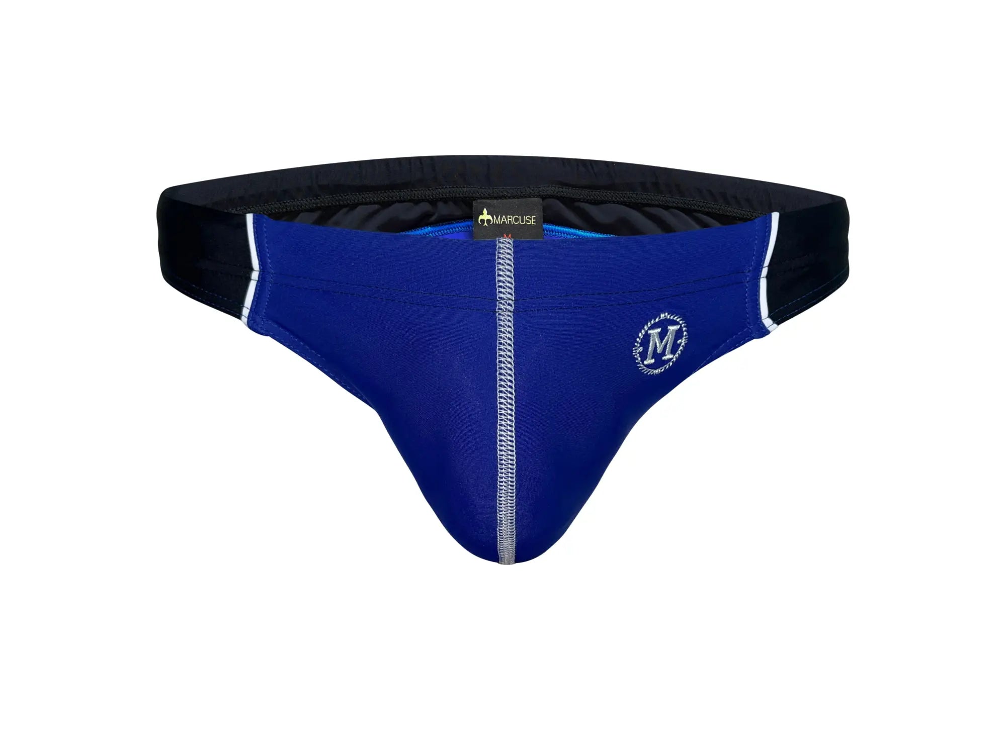 Blue Marcuse swim trunks with black side panels and white trim from the Marcuse Tropez bikini swimwear collection