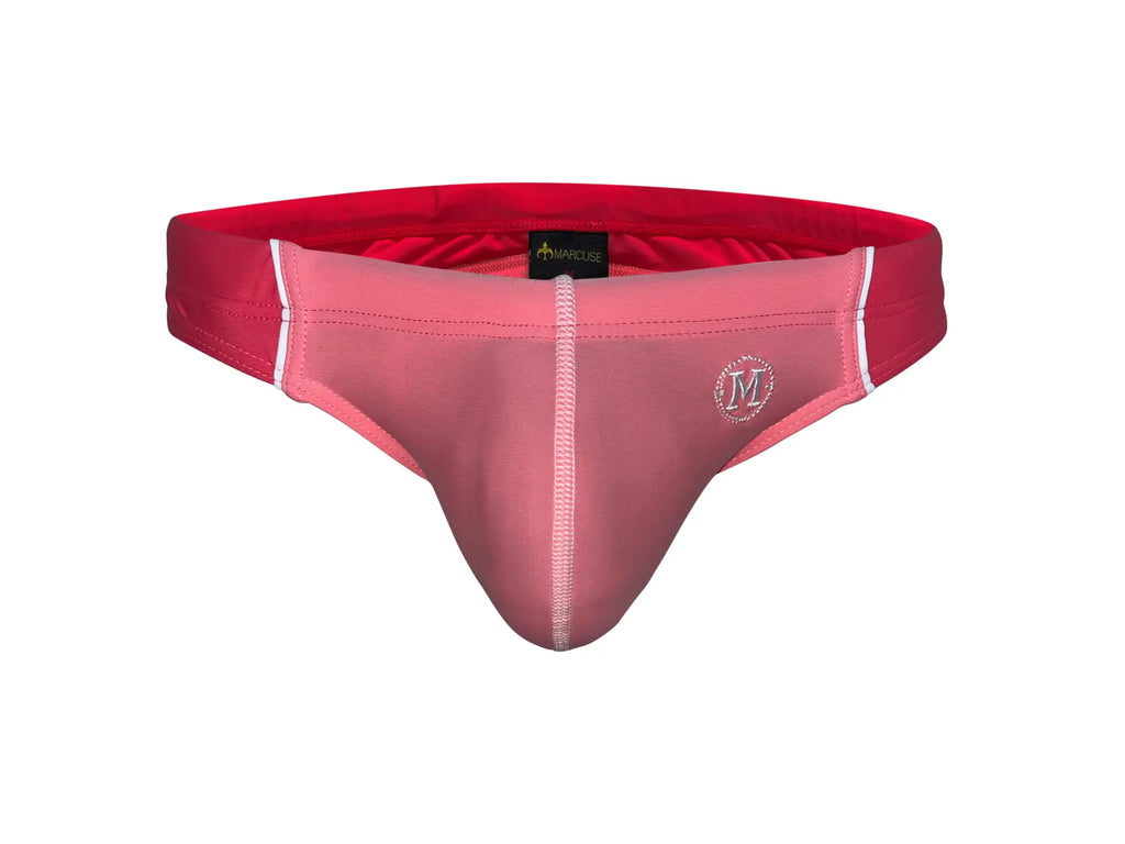 Marcuse Tropez bikini swimwear pink and red men’s swim trunks with white trim and branded logo on the side