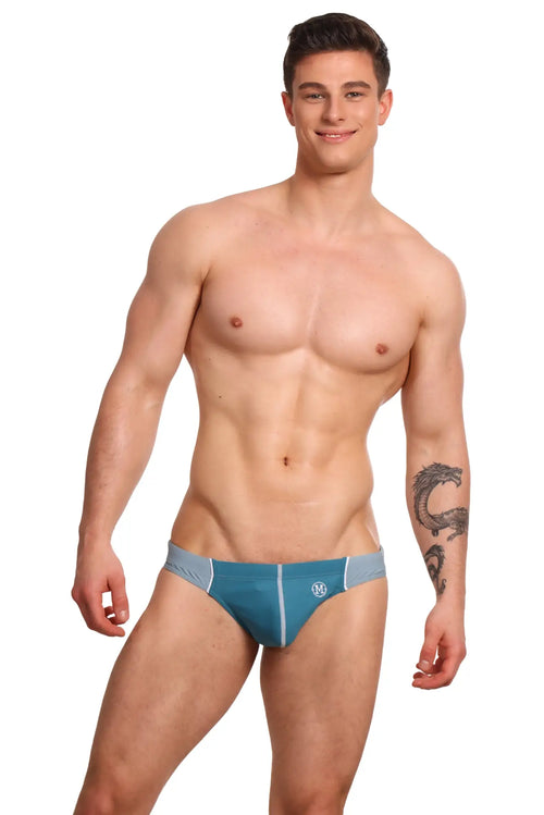 Teal and gray marcuse tropez bikini swimwear with white logo front designed for athletic swim use