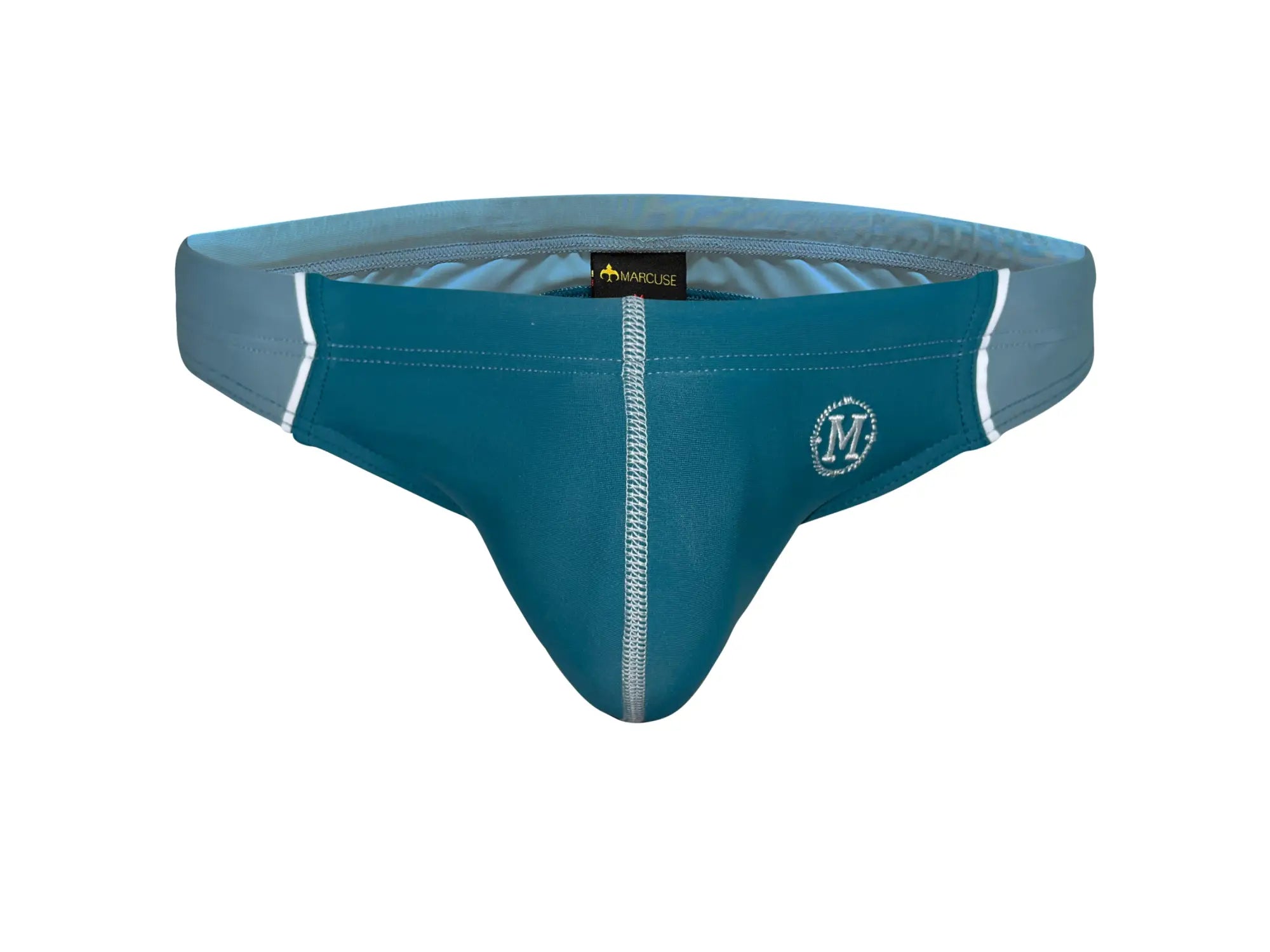 Teal and gray Marcuse Tropez bikini swimwear men’s swim trunks with white stitching and branded logo