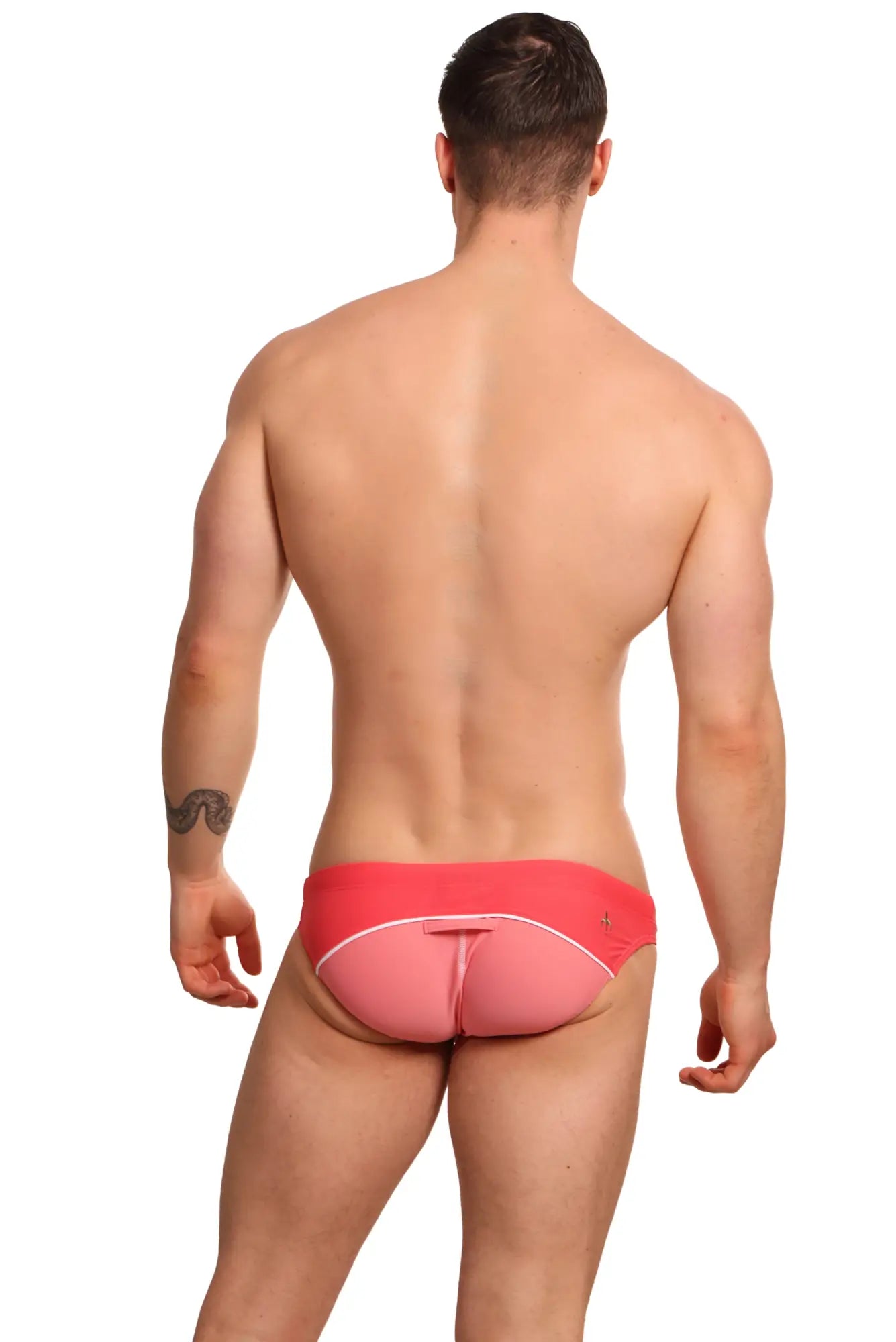 Marcuse Tropez bikini swimwear vibrant coral swim trunks with white trim and sleek form-fitting design