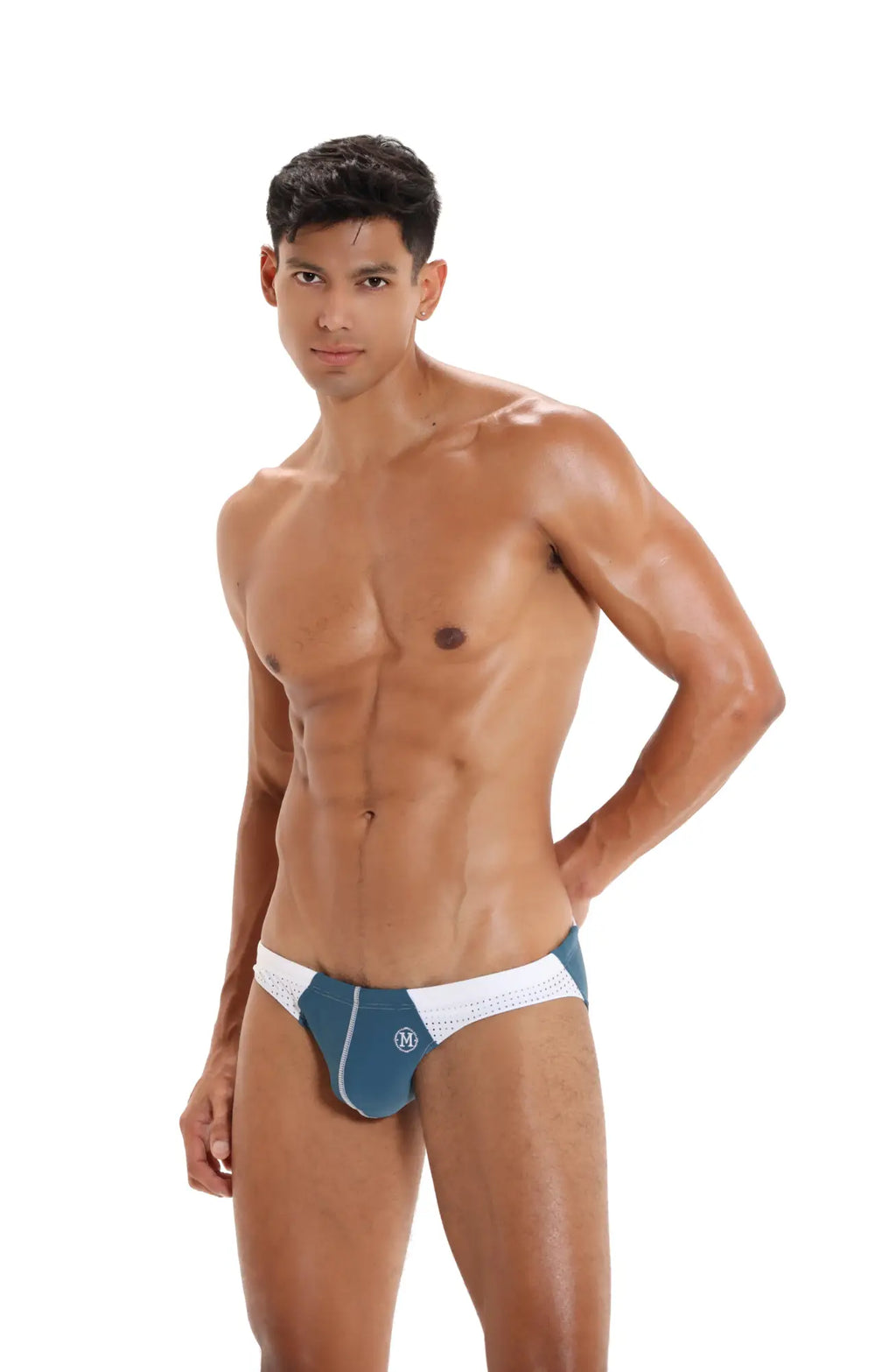 Blue and white Marcuse Umbra bikini swimwear with perforated design in athletic briefs style