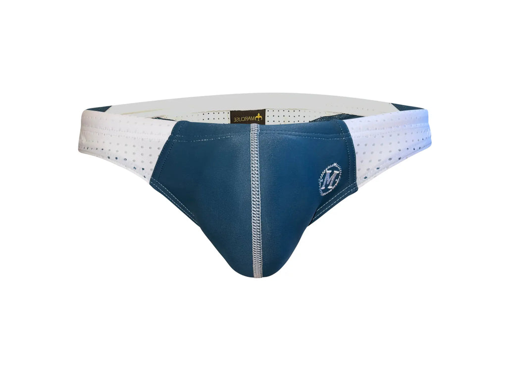 Blue and white marcuse umbra bikini swimwear with a perforated mesh waistband and central zipper detail