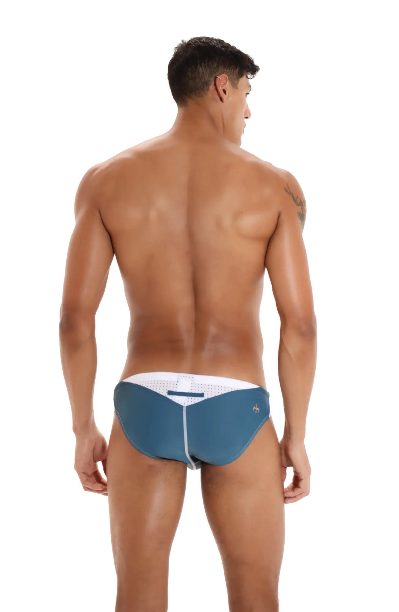 Blue and white marcuse umbra bikini swimwear swim trunks with perforated waistband for swimming and beachwear