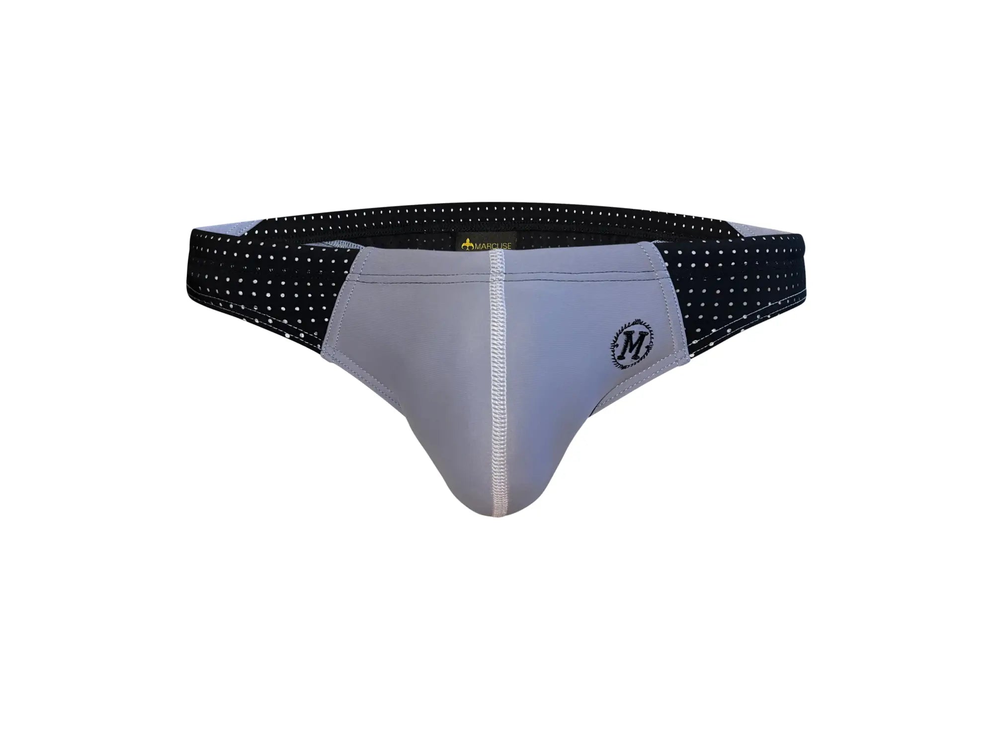 Gray and black patterned marcuse umbra bikini swimwear briefs with mesh white dotted waistband for men