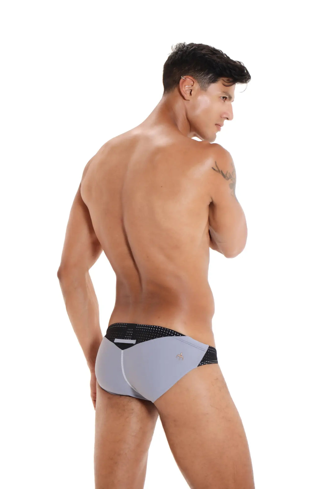 Gray and black Marcuse Umbra bikini swimwear with perforated waistband swim trunks for beachwear use