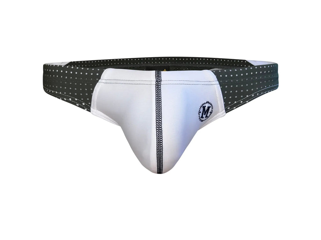 White and black polka-dotted Marcuse Umbra bikini swimwear briefs with central zipper detail for men