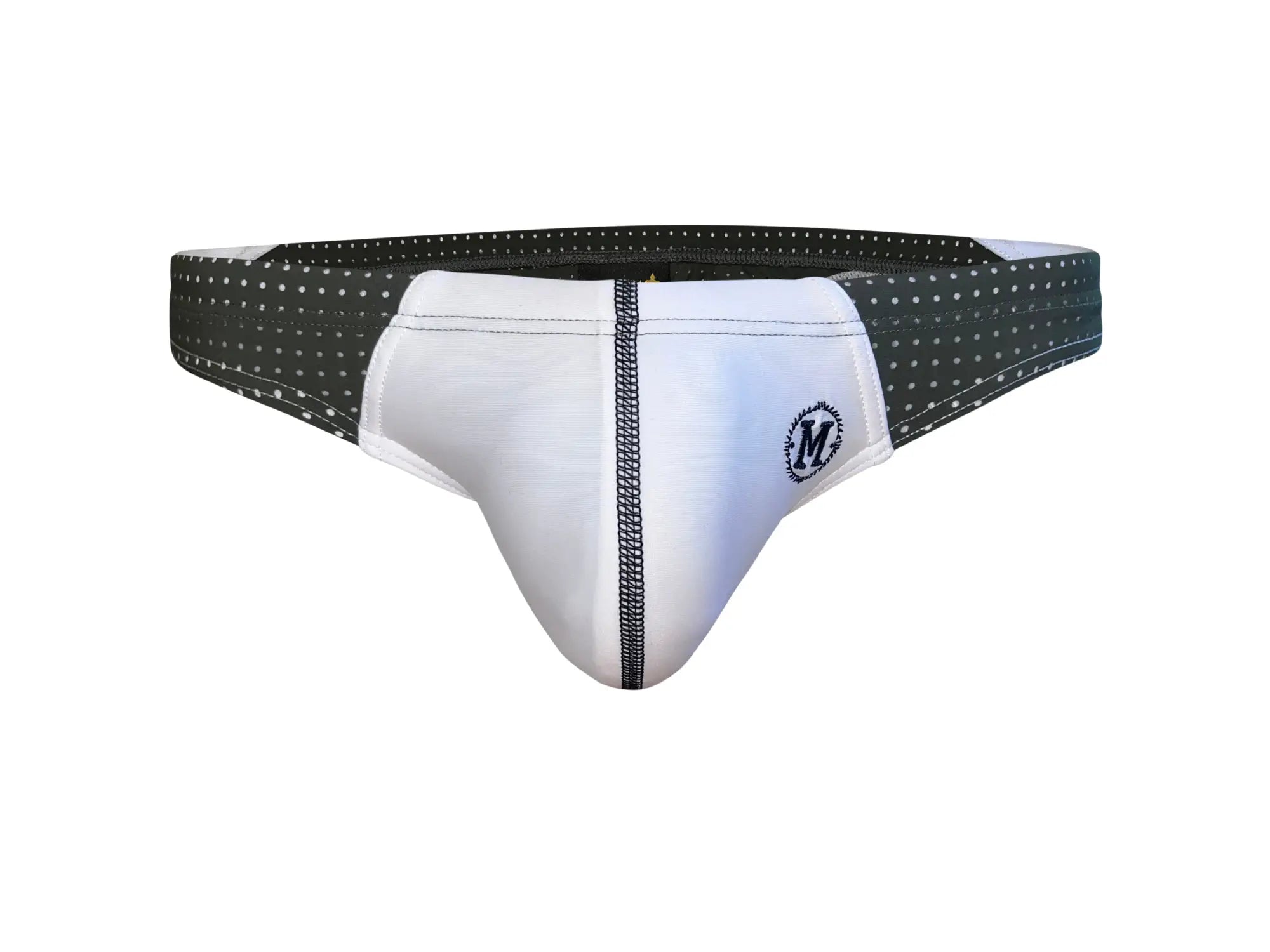 White and black polka-dotted Marcuse Umbra bikini swimwear briefs with central zipper detail for men