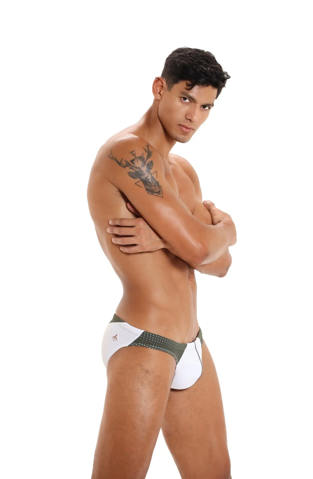 White and dark green marcuse umbra bikini swimwear with perforated side design in athletic briefs style