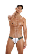 Marcuse Umbra bikini swimwear in white and dark green athletic briefs with subtle stitched waistband pattern
