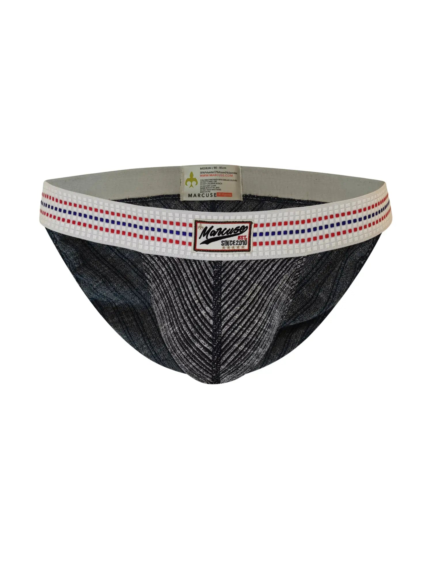 Marcuse uomo brief underwear with black and gray textured fabric and white waistband with red and blue stripes