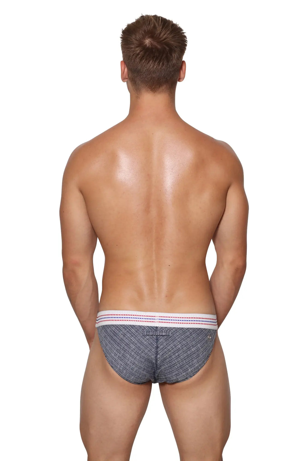 Marcuse uomo brief underwear in blue and white patterned fabric with a striped elastic waistband for men