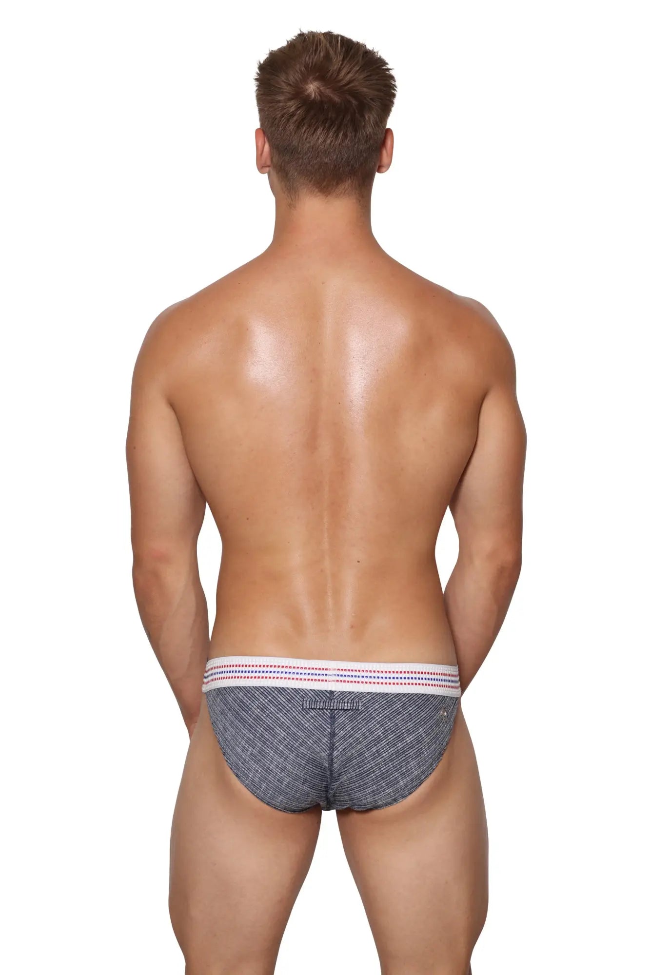 Marcuse uomo brief underwear in blue and white patterned fabric with a striped elastic waistband for men
