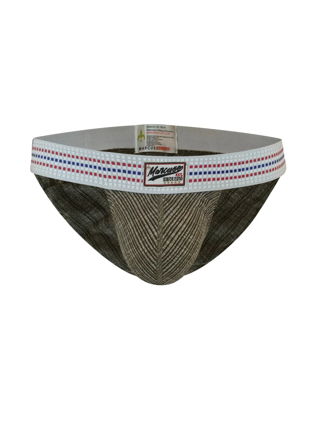 Marcuse uomo brief underwear in olive green striped fabric with white waistband featuring red and blue dots and brand label