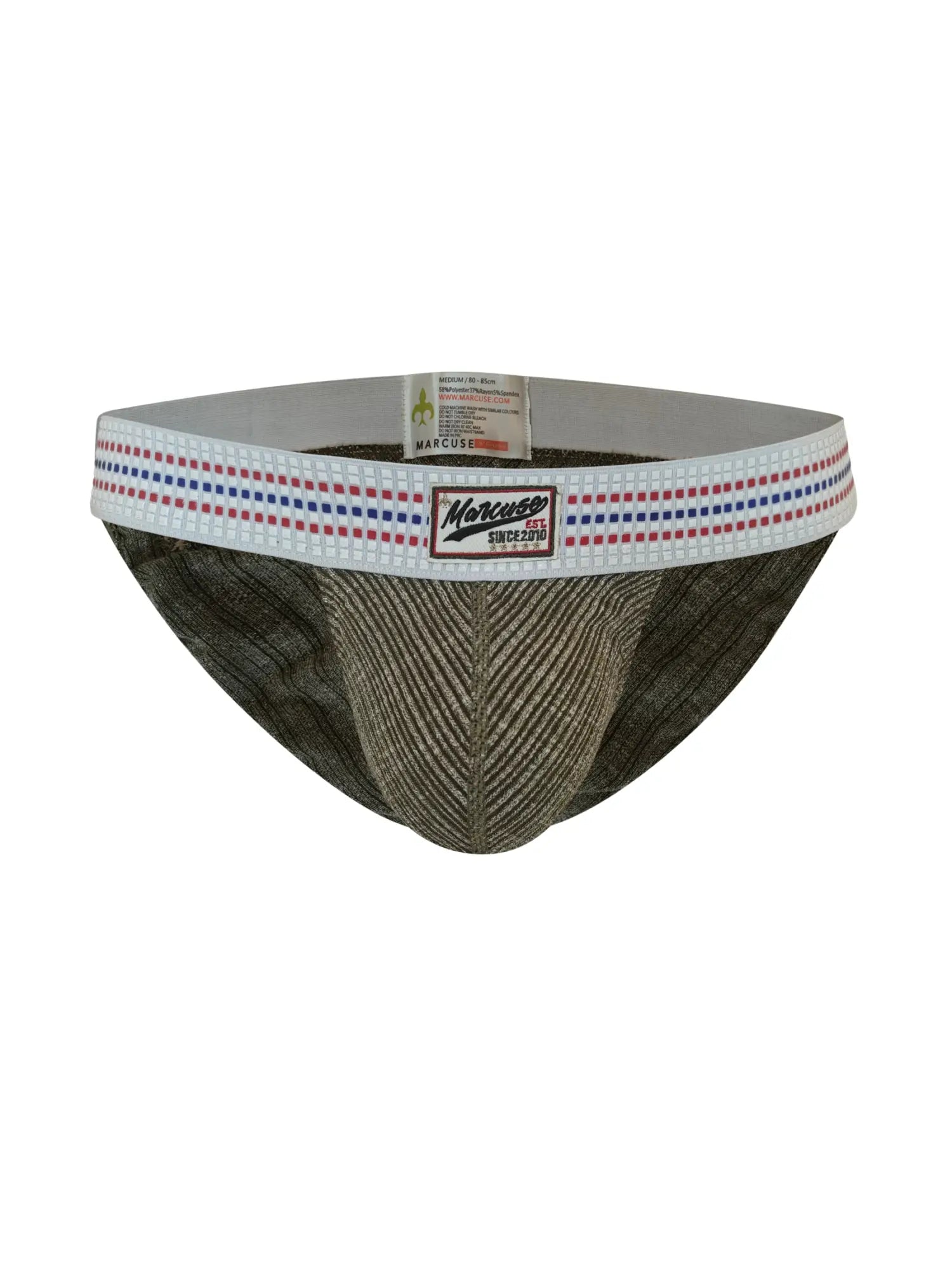 Marcuse uomo brief underwear in olive green striped fabric with white waistband featuring red and blue dots and brand label