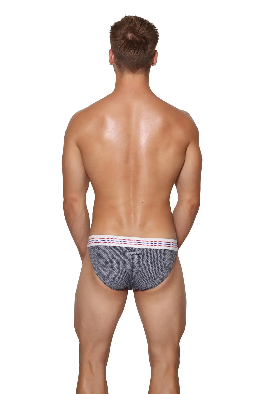 Gray patterned marcuse uomo brief underwear with white waistband featuring thin purple and pink stripes