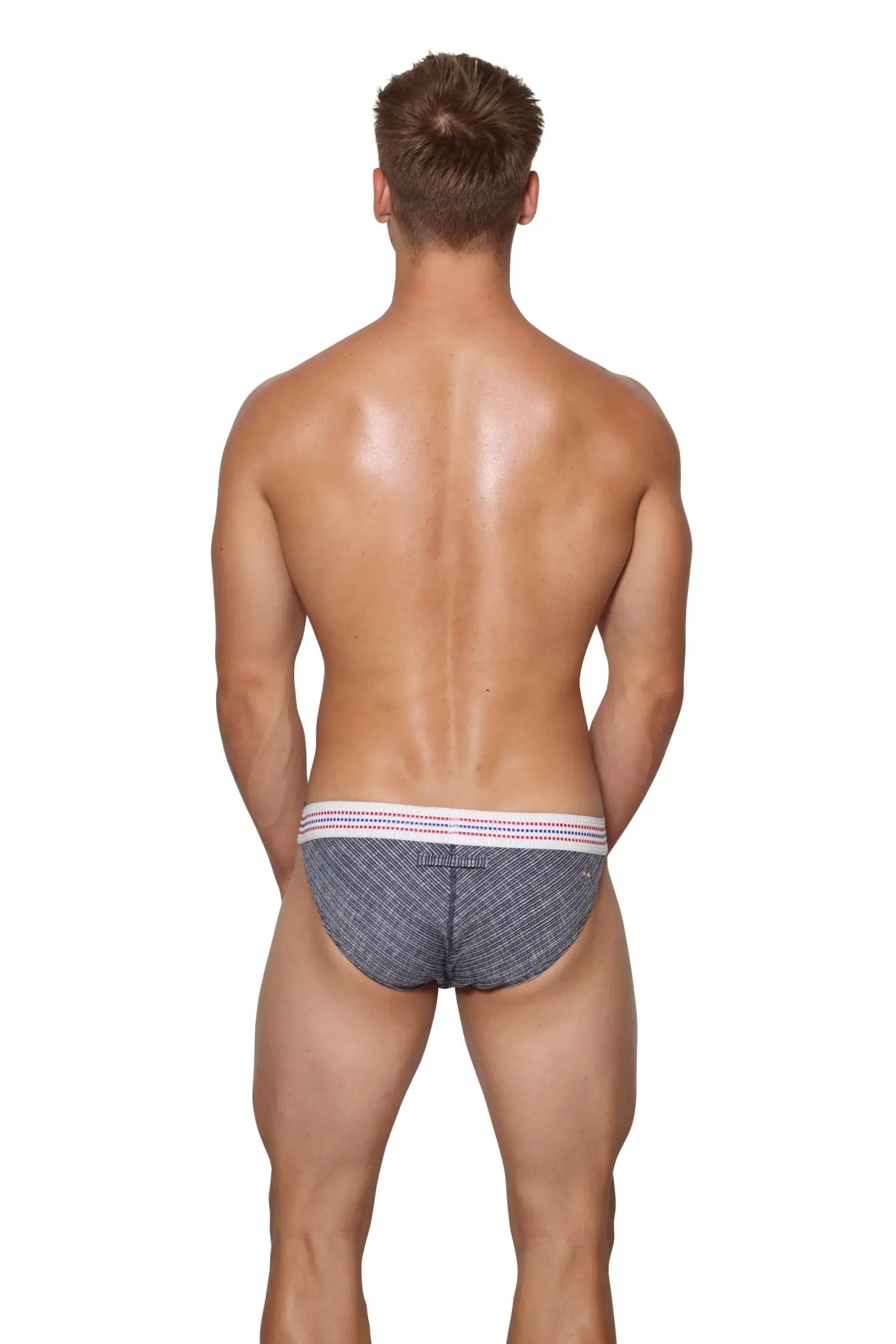 Gray patterned marcuse uomo brief underwear with white waistband featuring thin purple and pink stripes