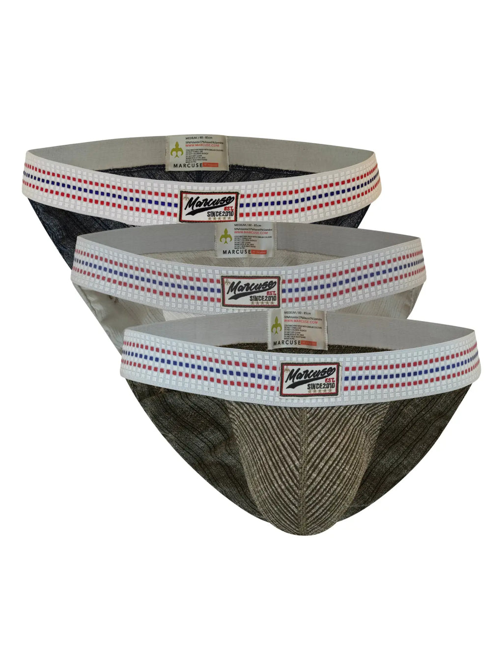 Three pairs of marcuse uomo briefs with textured herringbone pattern in olive green and black with white elastic waistbands