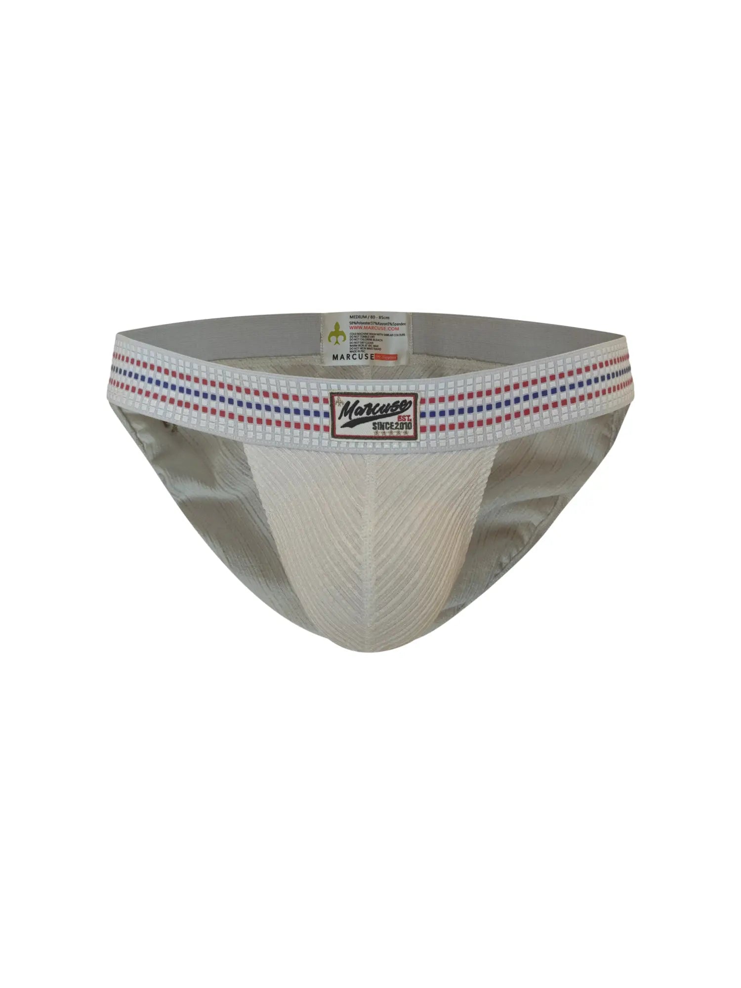 Marcuse Uomo brief underwear in white and gray with a patterned red white and blue waistband for athletic use